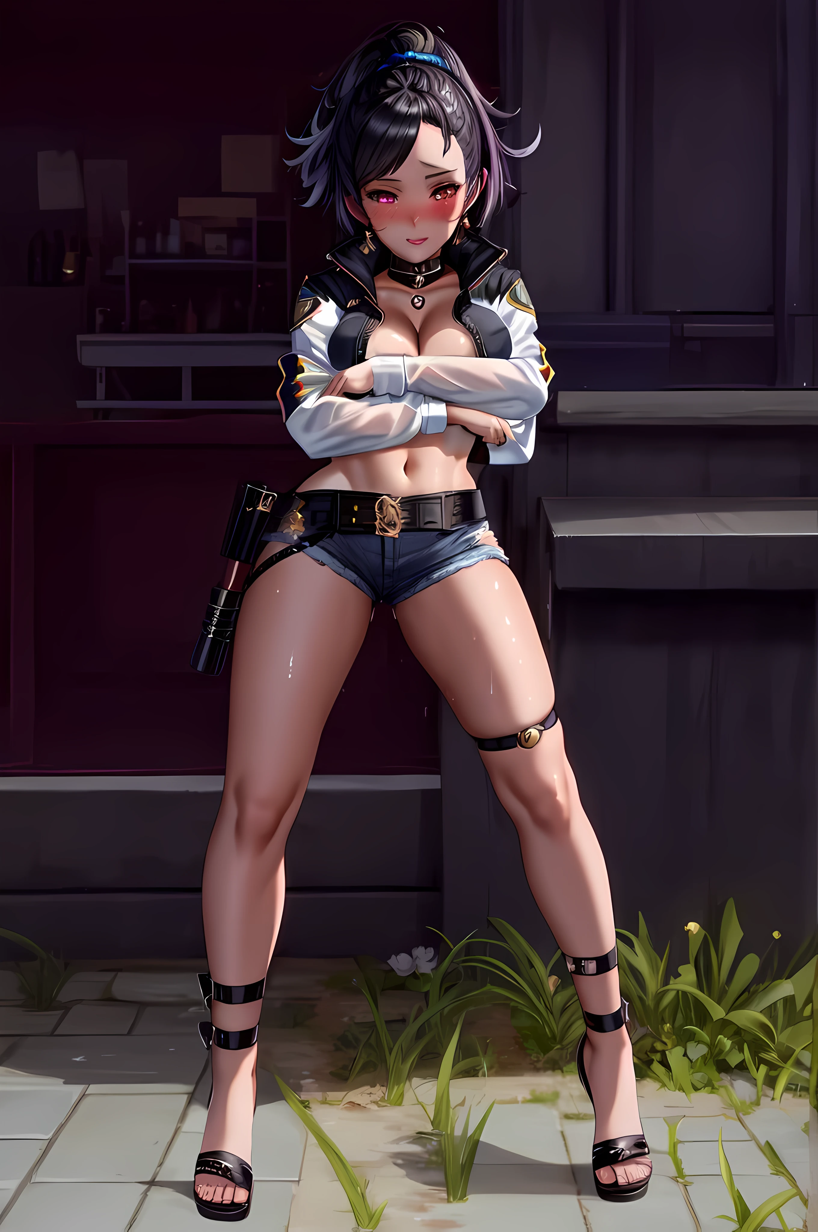 Beautiful police lady, 1 Girl, Full body, Doing a sassy pose, Spellcasting pose, Best quality, Ultra Detail, 8K, Ultra high realistic, Detailed face, Love eyes pupil, Masterpiece, (Naked:1.3), (Blushing:1.3), Milf, , Oily skin, Ahegao face, Open breast, Big thighs, (delicate cute face), black choker, white gloves, long sleeves, bandeau, cleavage, strapless, tube top, navel, midriff, open jacket, open clothes, black jacket, black belt, denim shorts, cutoffs, mismatched footwear, Dark Gothic Makeup, Blade and soul, Final fantasy 14 style, Wet Skin, Big thigh