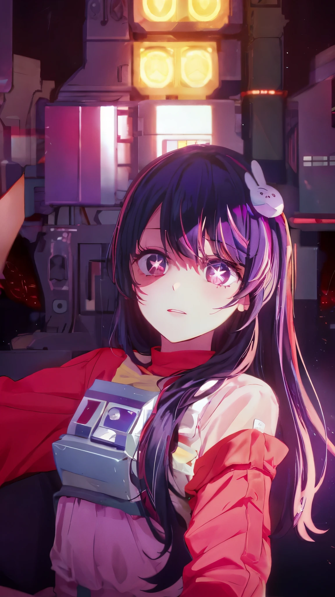 masterpiece, best quality Hoshino Ai, long hair, purple hair, streaked hair ,purple eyes, star-shaped pupils, hair ornament, rebel pilot suit cockpit view