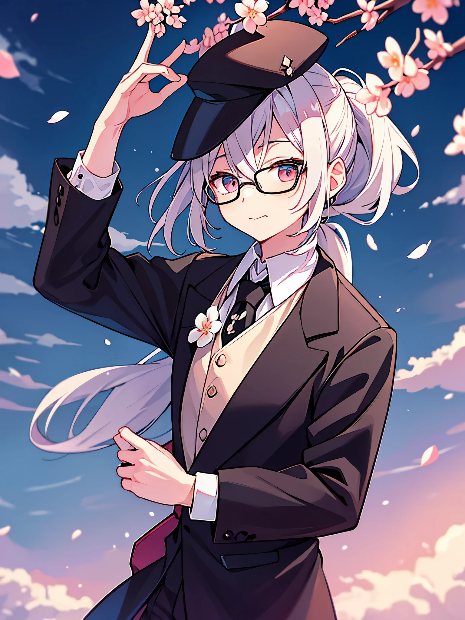 (muste piece)(High definition)20s male android、alone、gray hair、ponytail、hat、Tuxedo、tie、wearing glasses、tilting your head、mouth closes、background(The weather is sunny but there are clouds、cherry blossoms)