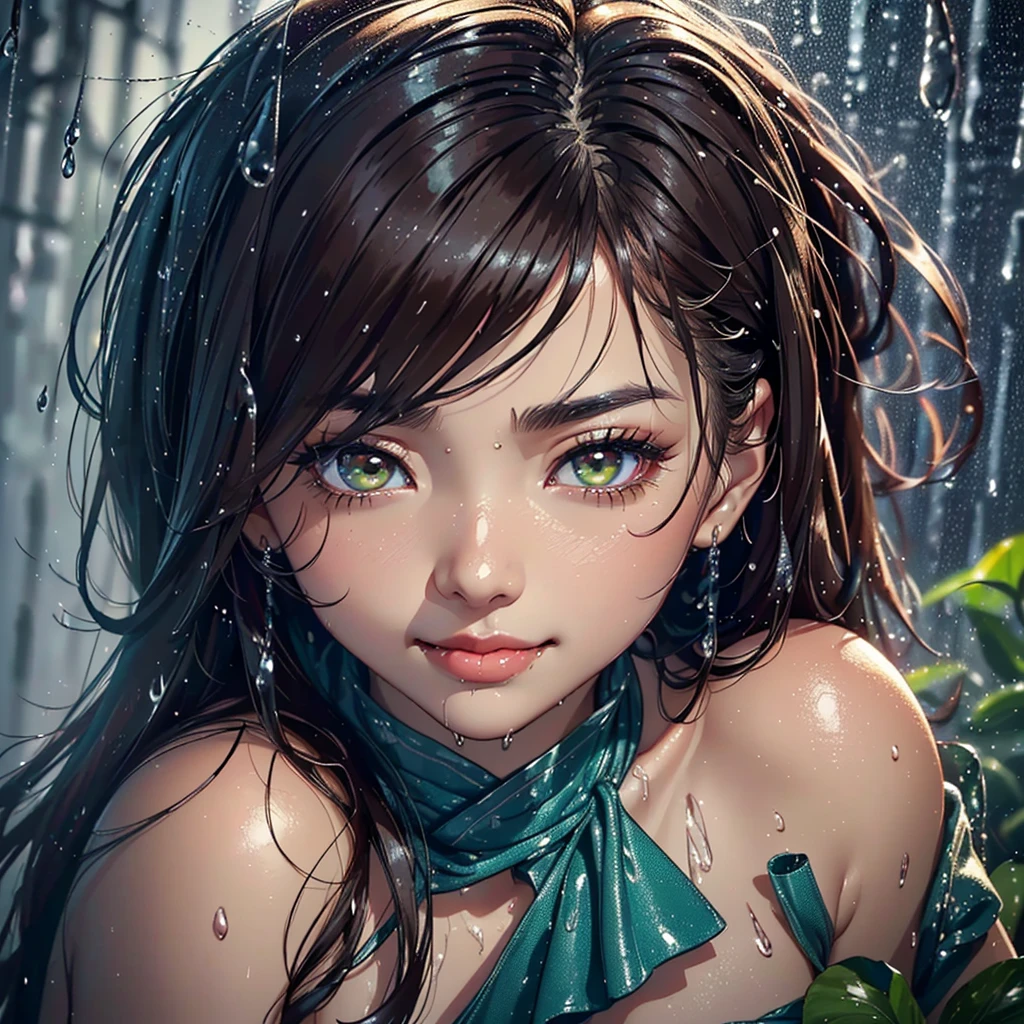 (Best quality, 4K, tmasterpiece :1.Beutiful asian women, 1 Sister, (, attractive body :1.2), Abs :1.1, dark brown hair: 1.1, ponny hair, (rainy wet, wet from rain, Soaked :1.2), The face very detailed, detailed lips, detailed eyes, double eyelid, green eyes, smile. red cloting
