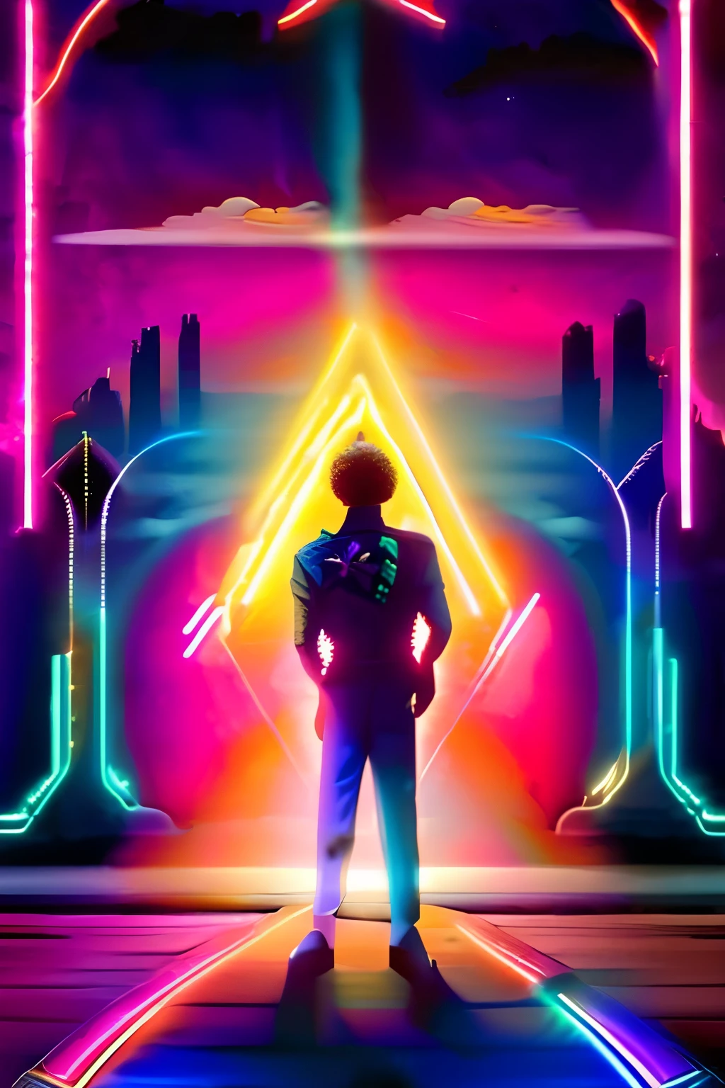 The logo depicts a captivating scene where a confident black-skinned boy stands amidst a neon world that flashes with retro-style brilliance. The boy, with a determined expression on his face, gazes into the distance, capturing a sense of wonder and adventure. Behind him, a vibrant cityscape emerges, illuminated by pulsating neon lights that form intricate patterns and shapes reminiscent of retro aesthetics. The neon lights cast a colorful glow, creating an otherworldly atmosphere that transports viewers to a dreamlike realm. The boy is positioned in the center of the composition, symbolizing his central role in this neon-lit journey. Overall, the logo conveys a sense of excitement, curiosity, and nostalgia, inviting viewers to immerse themselves in the mesmerizing world of Neon Dreamer.