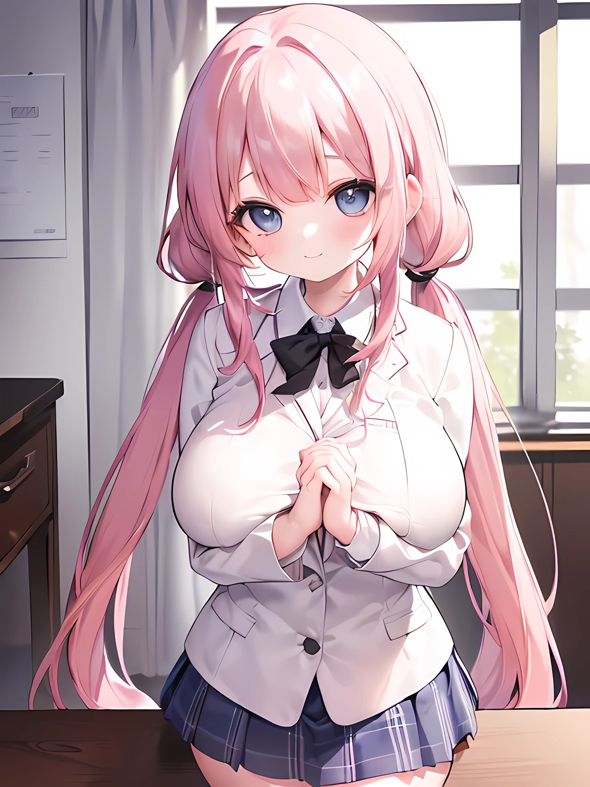 masterpiece,highest quality,(Super detailed),written boundary depth,perfect sentence, Detailed CG,Super detailed,(highly detailed eyes,very cute face,highly detailed face:1.3),beautiful anime girl,(solo girl:1.9),(super huge breasts:1.6),(pink hair,low twin tails:1.5),(light blue eyes:1.3),(smile full of joy:1.3),open your mouth,show viewer,break,(university uniform,white blazer,black shirt:1.5),blue ribbon tie,chest pocket,Blue Tartan Plaid Pleated Skirt,micro mini skirt,white knee socks,classroom,curtains swaying in the wind,break,cowboy shot,(put both hands on your chest:1.4),sit at desk