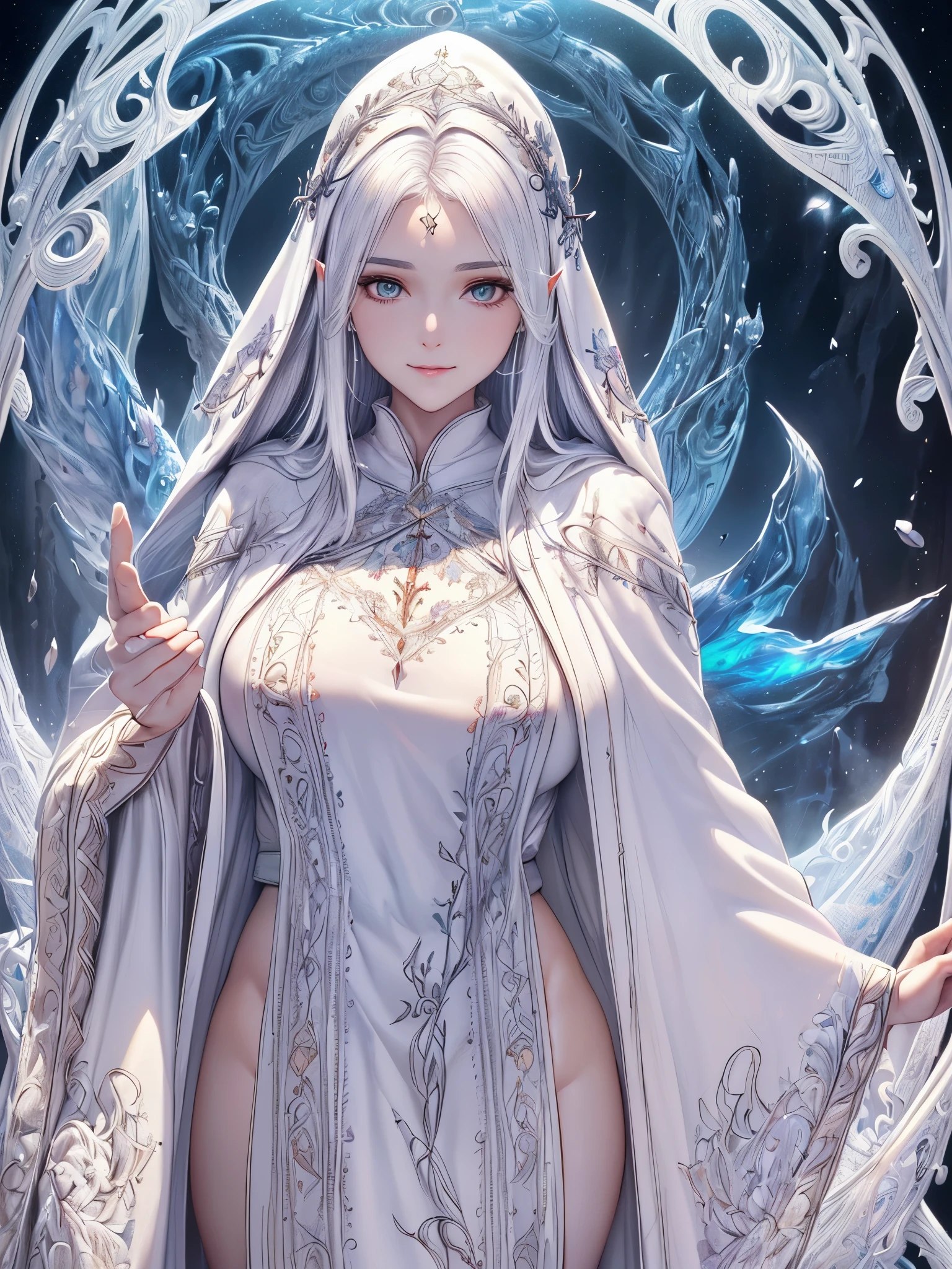 ((highest quality)),(ultra high resolution),(Super detailed),(detailed description),((best CG)),(best work of art),super precision art,amazing drawing art,(Fantasy art with precise details:1.5),(1 female wizard 1.7),(beautiful and well-shaped face:1.5),(White Witch Robe:1.6,Detailed and detailed embroidery:1.5),Smile:1.6,