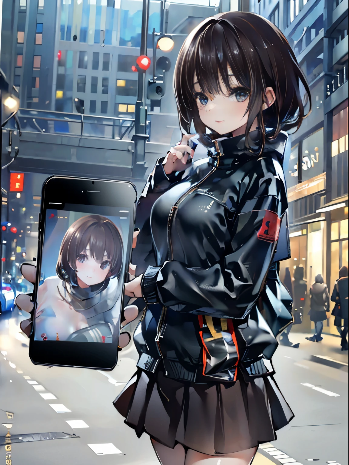 (8k,masterpiece, RAW photo,best quality:1.4),(photo realistic:1.2),(extremely detailed face),(shiny skin),(detailed skin),(detailed face),(extremely beautiful face),1girl,looking at viewer,Japanese idle(actress), brown hair,medium hair,straight hair,asymmetrical bangs,smile,glamor,large breasts, (Fleece jacket, turtleneck sweater, Pleated skirt:1.2), christmas market,high position,professional lighting, telephone,cellular phone,smartphone,Handheld,pic