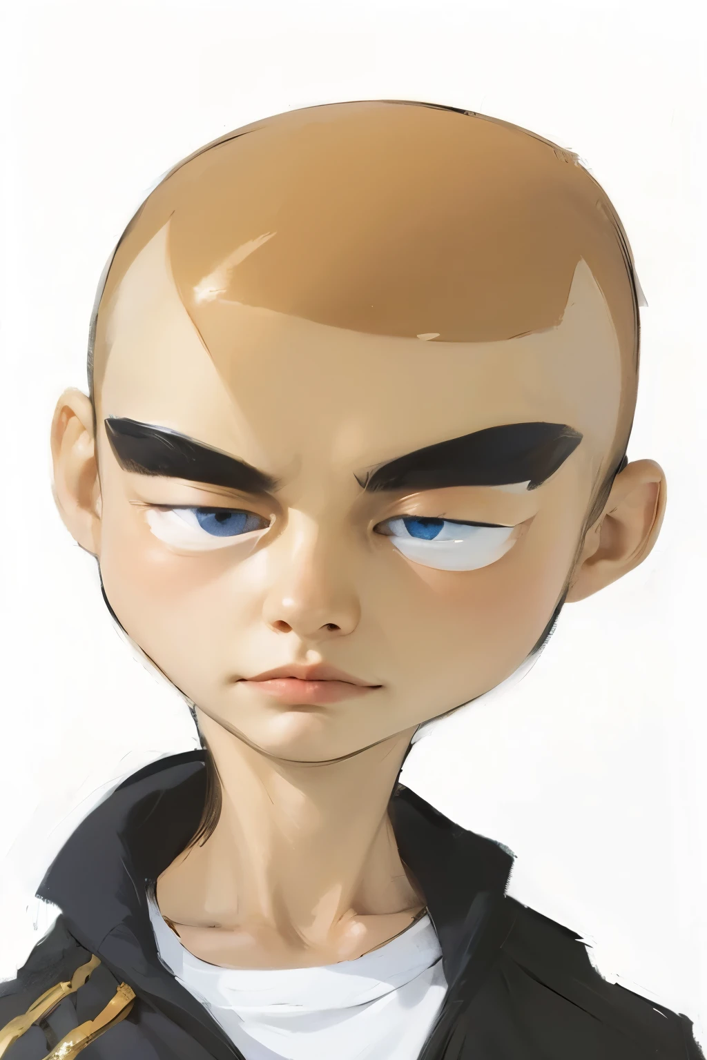 , blue eyes, big eyebrows, features of a Russian