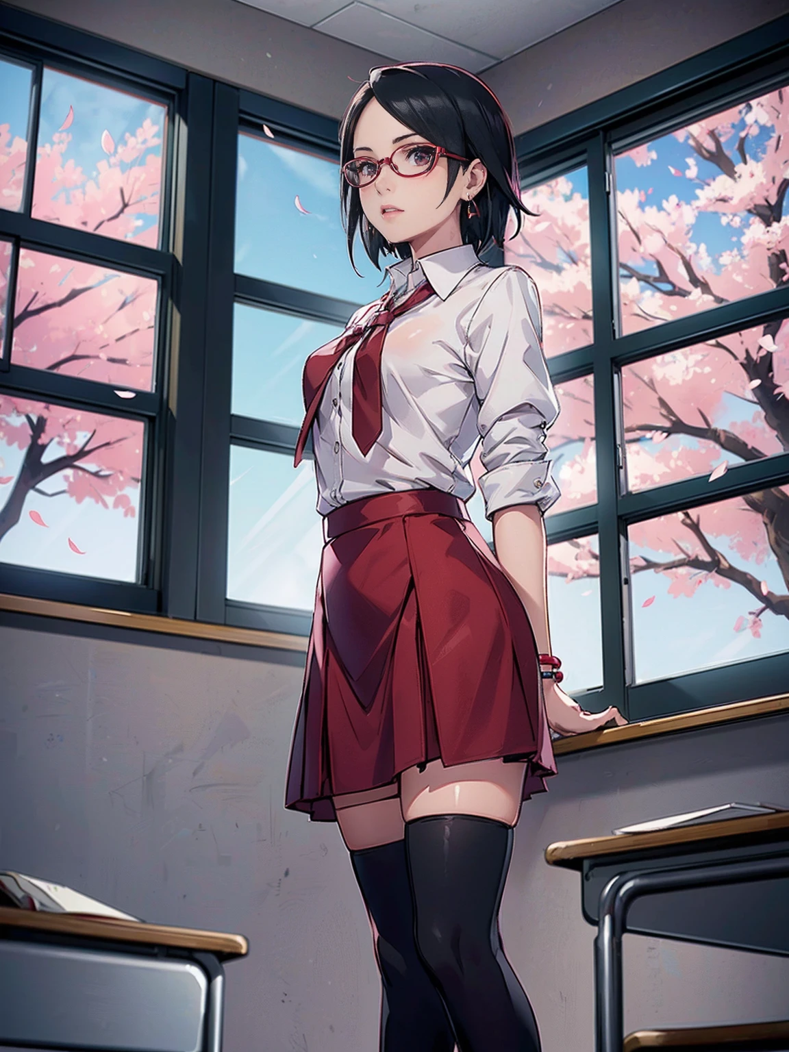 ((1girl, solo ,alone, Sarada Uchiha, short hair, ((dark eyes, bracelets, ruby earrings, black eyes, glasses, small breasts, standing)), uchiha sarada)), ((solo, 1woman, pink lipstick, Extremely detailed, ambient soft lighting, 4k, perfect eyes, a perfect face, perfect lighting, a 1girl)), austere, (((JC girl, school uniform, socks Thigh High), school uniform, dress shirt, white shirt, low heels, long socks, black socks, school, classroom, red skirt, skirt)), ((classroom background, window, garden, cherry blossoms, flowers, open windows))