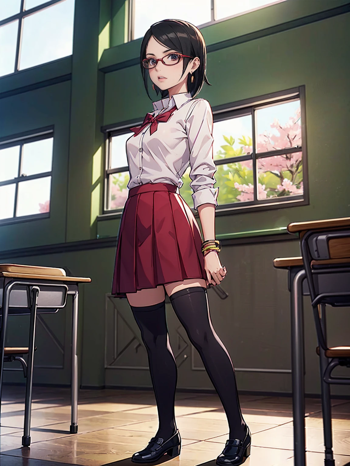 ((1girl, solo ,alone, Sarada Uchiha, short hair, ((dark eyes, bracelets, ruby earrings, black eyes, glasses, small breasts, standing)), uchiha sarada)), ((solo, 1woman, pink lipstick, Extremely detailed, ambient soft lighting, 4k, perfect eyes, a perfect face, perfect lighting, a 1girl)), austere, (((JC girl, school uniform, socks Thigh High), school uniform, dress shirt, white shirt, low heels, long socks, black socks, school, classroom, red skirt, skirt)), ((classroom background, window, garden, cherry blossoms, flowers, open windows))
