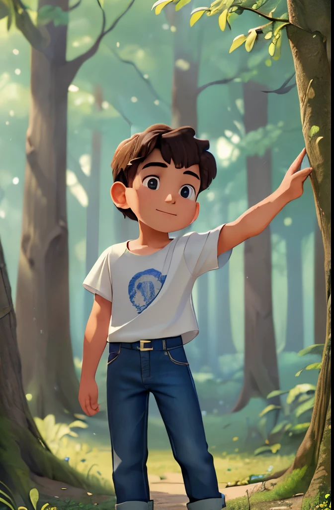 (A :1.3),(Masterpiece, Best quality:1.4), (Beautiful, Aesthetic, Perfect, Delicate, Intricate:1.2),((Best quality)), ((Masterpiece)), (Detailed),(A high resolution:1.2), Oak tree forest, a boy, smilig Martí, White T-shirt, Black leather jacket, dar blue denim trousers, Bend over, angle of view,