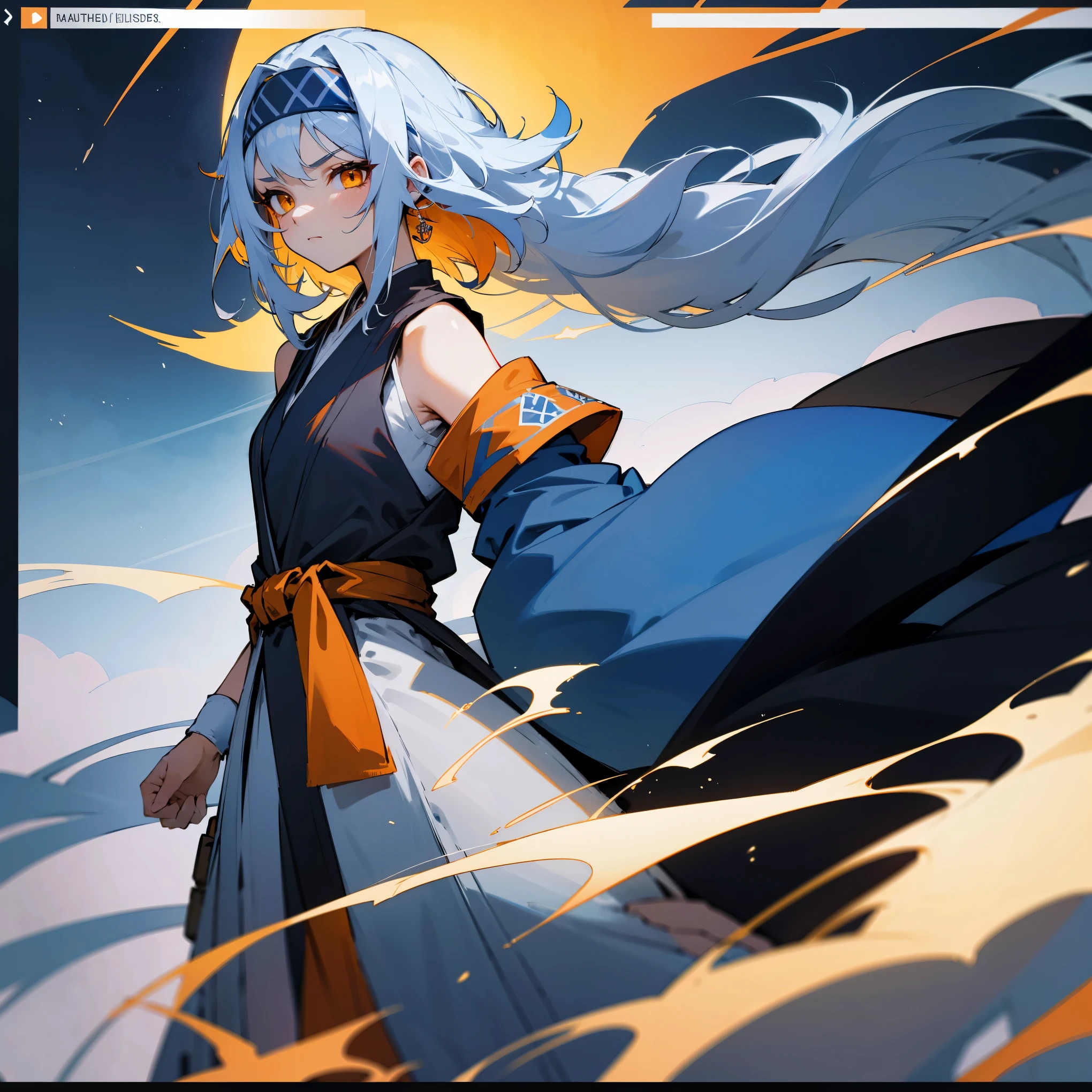 1female , Wild Hair , White Hair , Highlited Dark Blue Hair , Multicolored Hair , White and Dark Blue Hair , Curly Hair , Wavy Hair , Long Hair , Jedi Clothing , Calm Expression , Orange Eyes , Sleeveless Clothing , Adult Female , Metal Headband