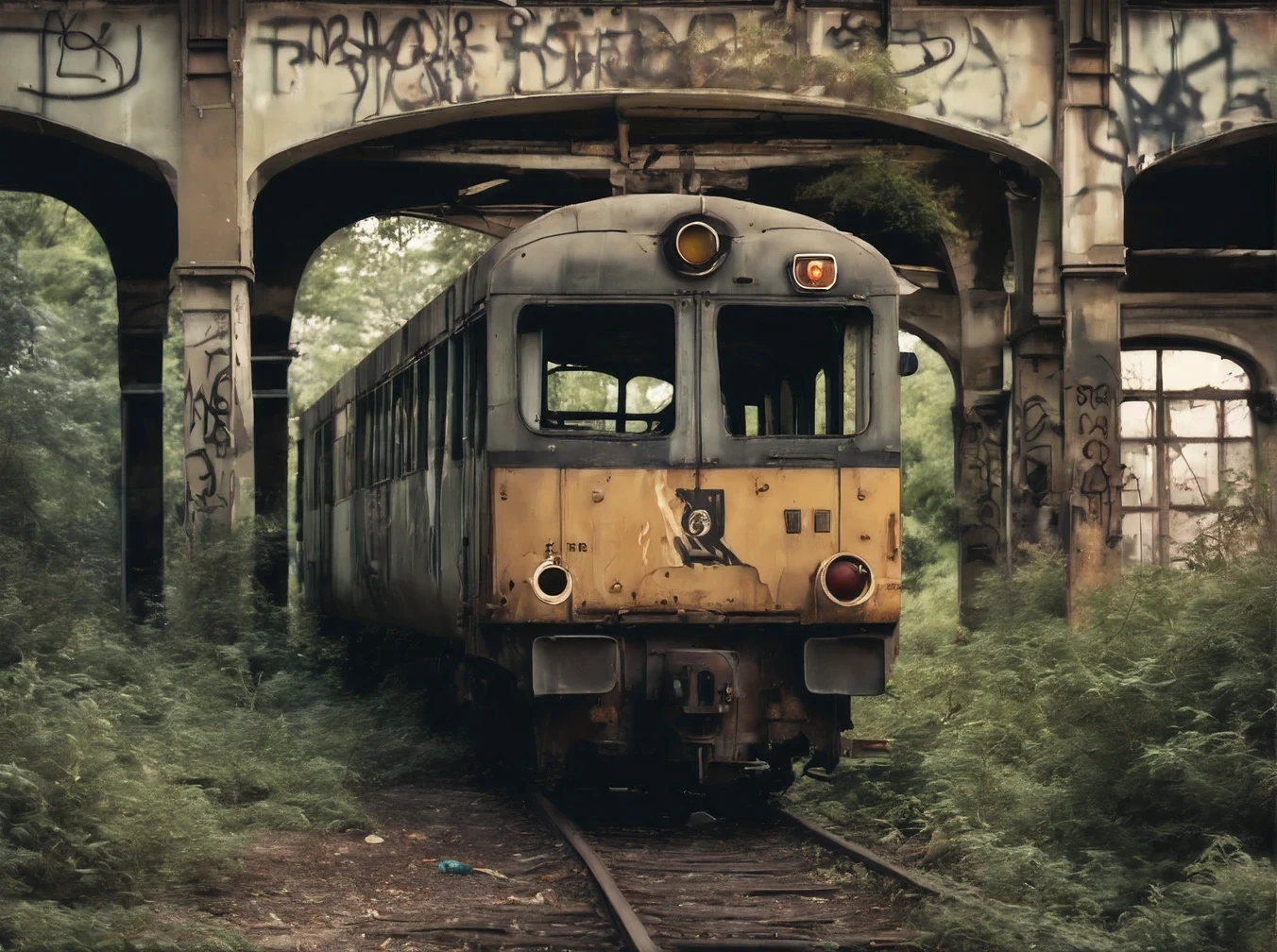 realistic photo, abandoned train station, shot from platform, dilapidated walls, graffiti, broken windows, dirt and dust, trash, railroad rails overgrown with bushes and barely visible,  imersive environment and lighting, 8k, large depth of field, film grain, subdued colors