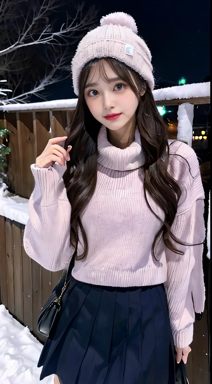 The beauty of winter spreads,outdoors,garden,Night sky ADDCOMM ADDCOL ADDCOL Blue moon ADDROW Snow ADDCOL It's snowing ADDCOL It's snowing ADDROW Pink primrose flower ADDCOL 1girl,long hair,black hair,flowing bangs:1.3,green eyes,mole under left eye:1.3,black eyes,medium breasts,pink heart hair accessories,Winter clothes,sweater,beanie hat,long sleeve,scarf,turtleneck,sleeves go over wrists,ribbed sweater
ADDCOL
ADDROW pink primula flowers
ADDCOL 1girl,pleated skirt ADDCOL
(masterpiece:1.2), (highest quality:1.2)