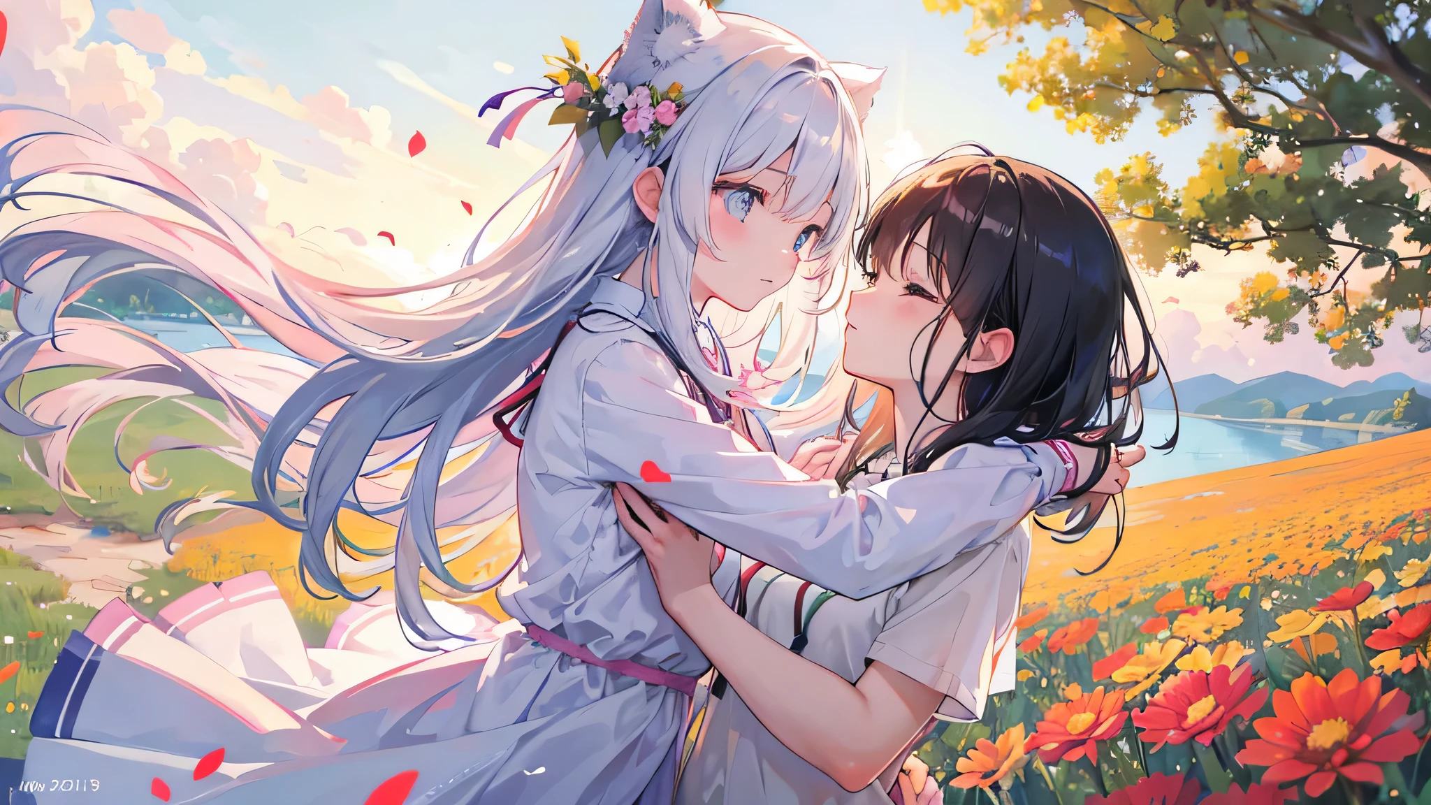 "In the gentle light of the setting sun、Please draw a scene of two people hugging each other gently..。His expression is filled with a sense of security and love..、That moment is so quiet and peaceful, as if time had stopped.。Beautiful natural landscape on background、for example, In a meadow full of flowers or by a quiet lake.、Add warmth and softness to the whole with warm color gradation。This image is、「hug」Perfect for theme BGM、Used as a thumbnail to evoke feelings of love and acceptance。。in high resolution、Try to express emotional connection and visual beauty。"