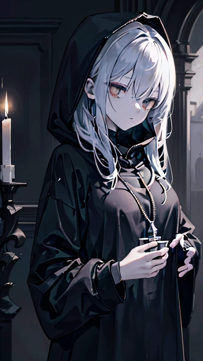 skeleton wearing black hoodie, top, holding silver candle with luminous candles, dark room, horror,Very details CG, module, 8K wallpapers, top quality, high precision, beautiful lighting, realistic shade, high precision, detailed skin, very detailed
