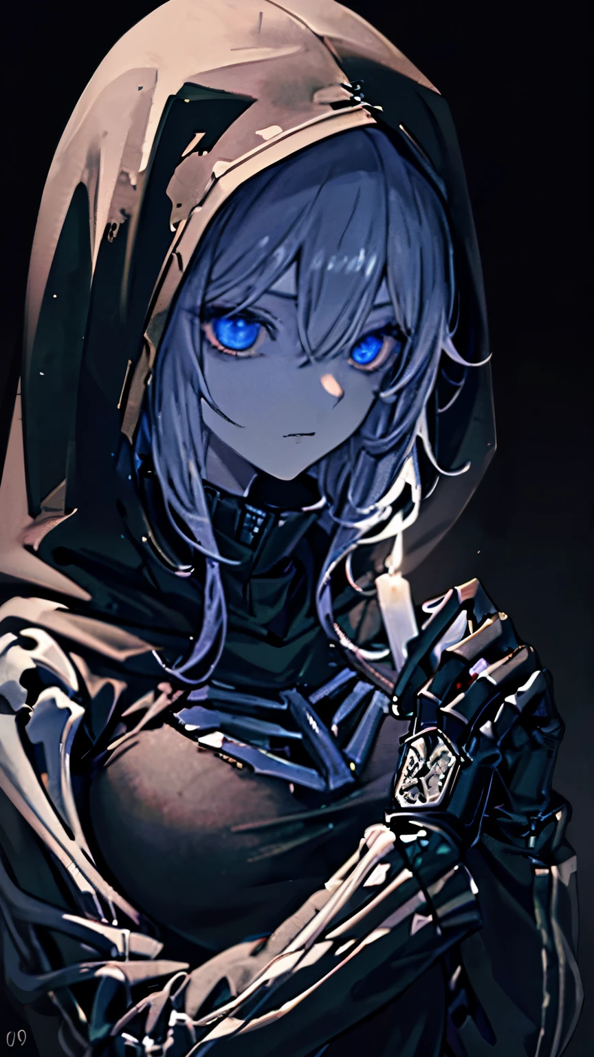 skeleton wearing black hoodie, top, holding silver candle with luminous candles, dark room, horror,Very details CG, module, 8K wallpapers, top quality, high precision, beautiful lighting, realistic shade, high precision, detailed skin, very detailed