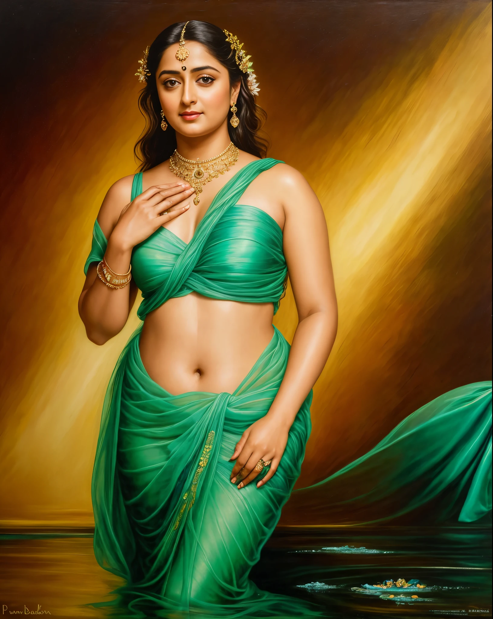 Looks like Anushka Shetty, Masterpiece, Best quality, high clarity eyes, beautifully styled hair, critically flawless,sharp picture, Full portrait, High pixels, perfect face, perfect eyes, beautiful face, perfect hands,perfect fingers, in Peter Paul Rubens style, by Peter Paul Rubens, baroque style, acrylic on canvas, highly detailed, description: "Create a nymph inspired by the tales of Greek or Roman mythology, embodying the essence of a natural element or location, and possessing a unique ability or trait that sets her apart."