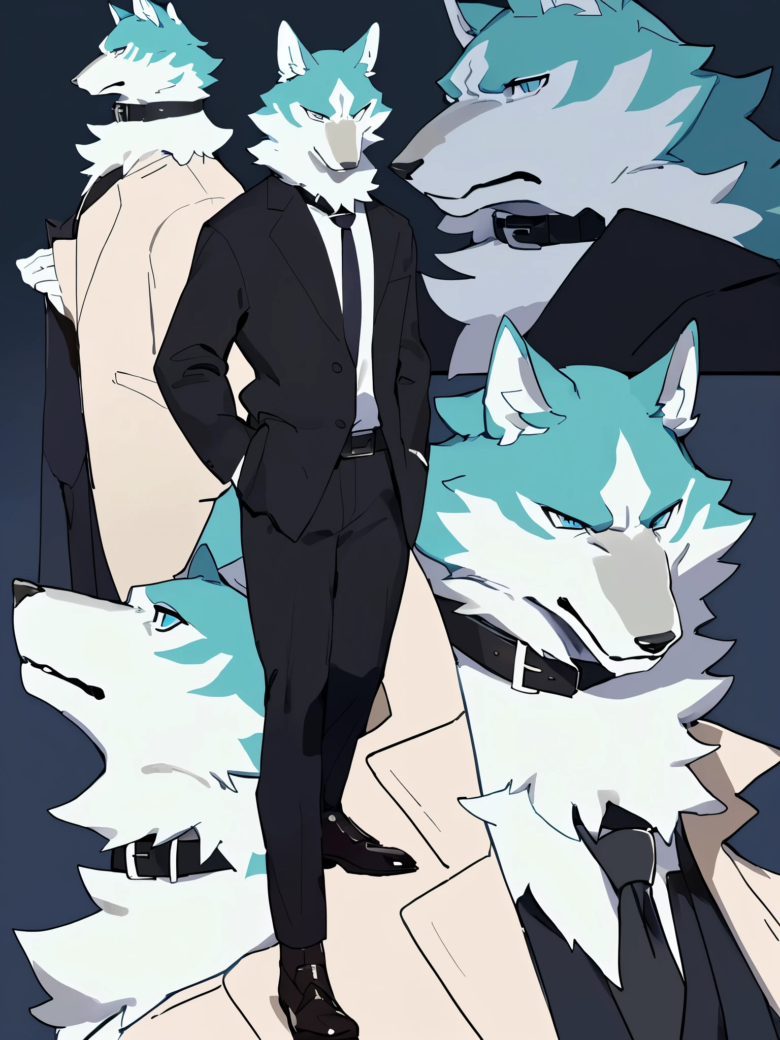 (((Detailed anatomy, detailed eyes, detailed body detailed face, best quality, high resolution))), solo, (1male, Shirou Ogami, wolf, adult body, white furs, skinny muscle, greyish blue eyes), beige trenchcoat, grey collar, black long shirt, black pant, grey shoes, in the Animacity, by Buta99, by Bebebebebe, by Zackary911 