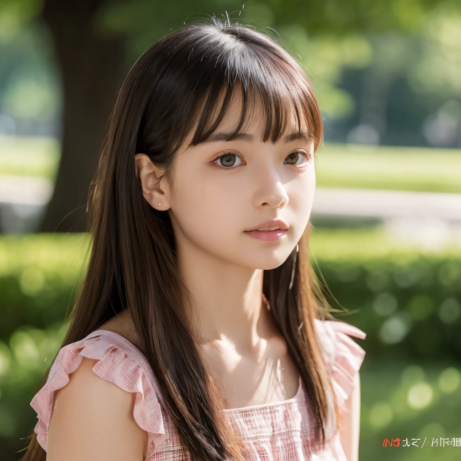 one girl, (a beauty girl, delicate girl:1.3), (:1.3),
break, (pink plaid casual dress:1.3),
break, extremely fine-grained clarity, (symmetrical eyes:1.3),
break, (lush park:1.3),
break, small breasts, brown eyes, parted bangs, brown hair, girl,
break, (Eye and face details:1.0),
break, (masterpiece, highest quality, super detailed, detailed face, 8k)