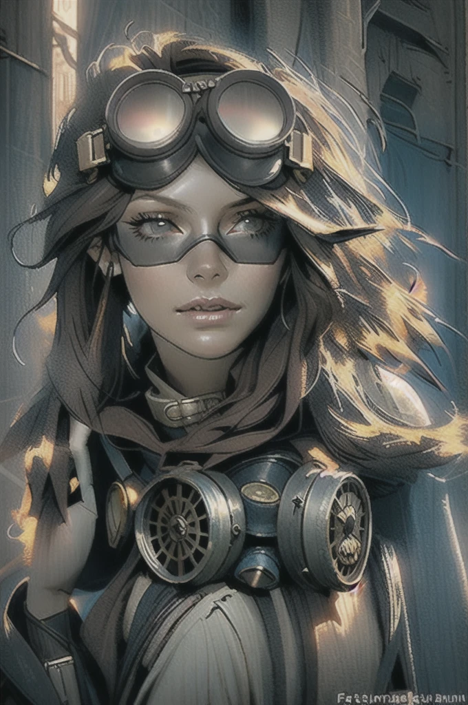 Woman with steam mask and goggles in front of a building, olhar dieselpunk, dieselpunk soldado , In a post-apocalyptic setting, mystical post apocalyptic cyborg, guerreiro steampunk, post apocalyptic attire, Poderosa princesa do deserto,  steampunk, em estilo mad max, estilo de fantasia steampunk, uma deusa steampunk bonita, fantasia steampunk, dieselpunk setting, Kate Beckinsale in a beautifully lit scene during a sunny morning