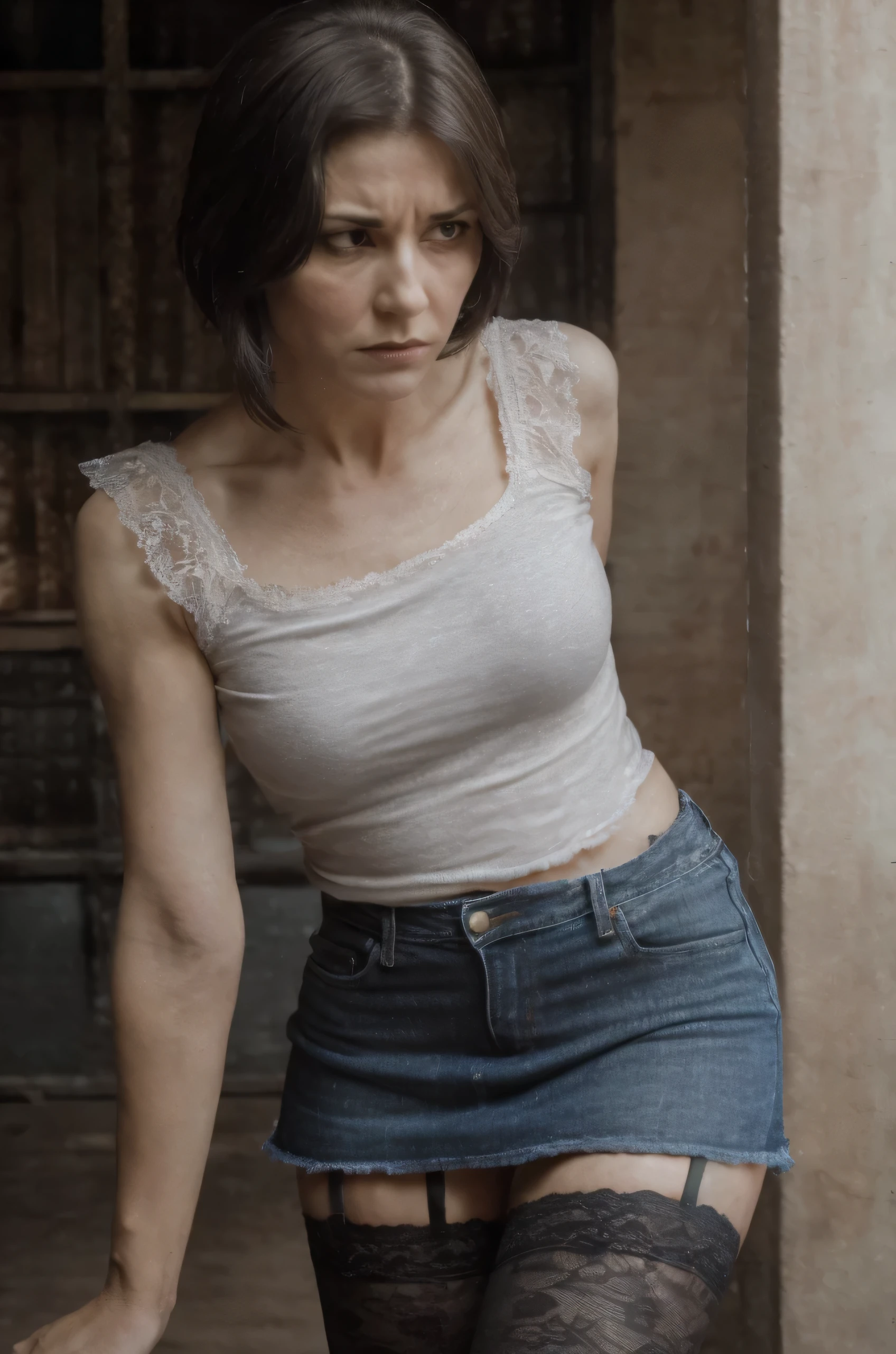 "(best quality,A high resolution:1.2),ширарная woman withered and withered,elongated, sharp face,gray eyes,pronounced wrinkles,square haircut,Short denim skirt,T-shirt,dark lace stockings with garters, standing,,long eyelashes,expression of despair,Dark and moody lighting, horror. The pose expresses panic and awkwardness. Inevitability, retribution for breaking a taboo"