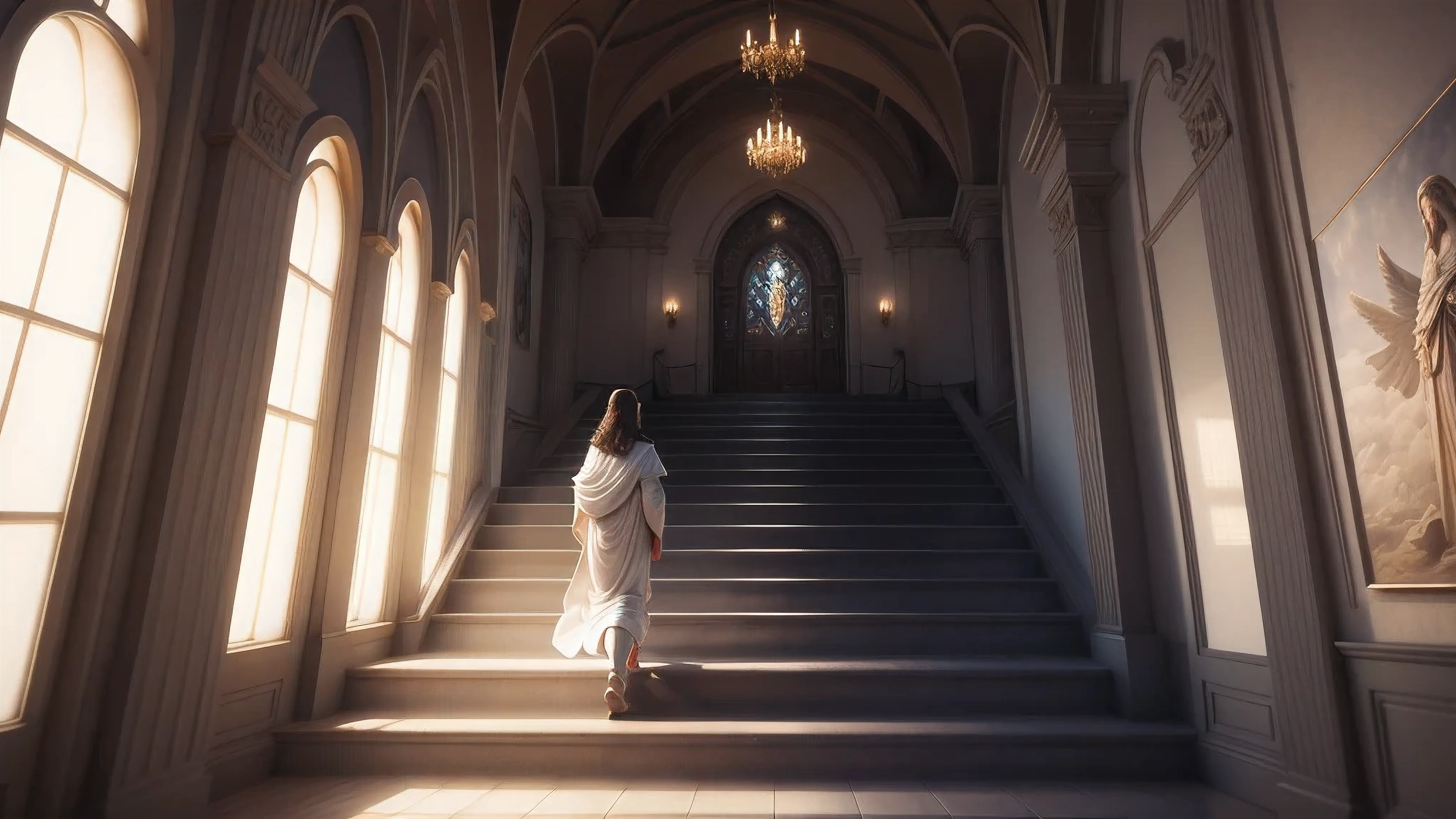 jesus walking on stairs,stairs engulfed in flames,(best quality,4k,8k,highres,masterpiece:1.2),ultra-detailed,ultra-realistic:1.37,photorealism,religious,prominent light source,vivid colors,sacred,divine presence,almighty,expression of faith,surrealistic,flickering flames,epic,Angel's Gate,Nordic realism