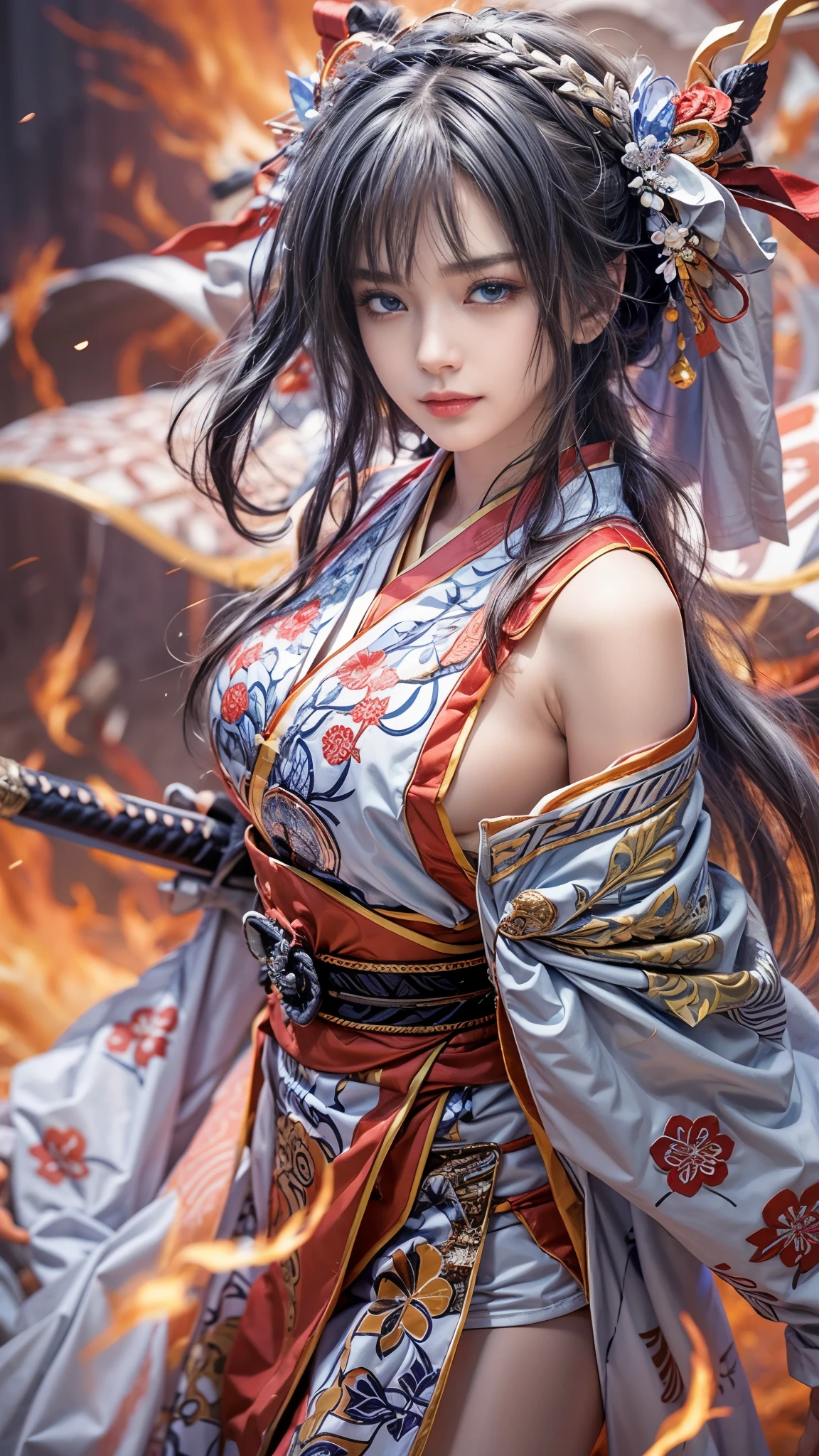 (RAW shooting, Photoreal:1.5, 8k, highest quality, masterpiece, ultra high resolution), Sengoku, fire事, いたるところで燃え上がる戦fire:1.3, perfect dynamic composition:1.2, Highly detailed skin and facial textures:1.2, Slim female samurai with a sharp Japanese sword:1.3, Fight:1.2, beautiful and aesthetic, cute and sexy beauty, perfect style:1.2, wear elaborate rings, fire, water, Wind, thunder, ice, Fair skin, very beautiful face, (Medium chest, Chest gap), (embarrassing smile, The expression on your face when you feel intense caress, Facial expression when feeling pleasure), (Wearing a sexy Sengoku uniform:1.1, off shoulder), (beautiful blue eyes, Eyes that feel beautiful eros:0.8), (Too erotic:0.9, Bewitching:0.9), full body shot