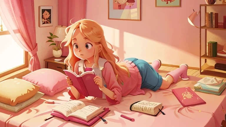 A young mother lies in bed,Wearing pink clothes and long blond hair,Hand holding a book 3D animation style