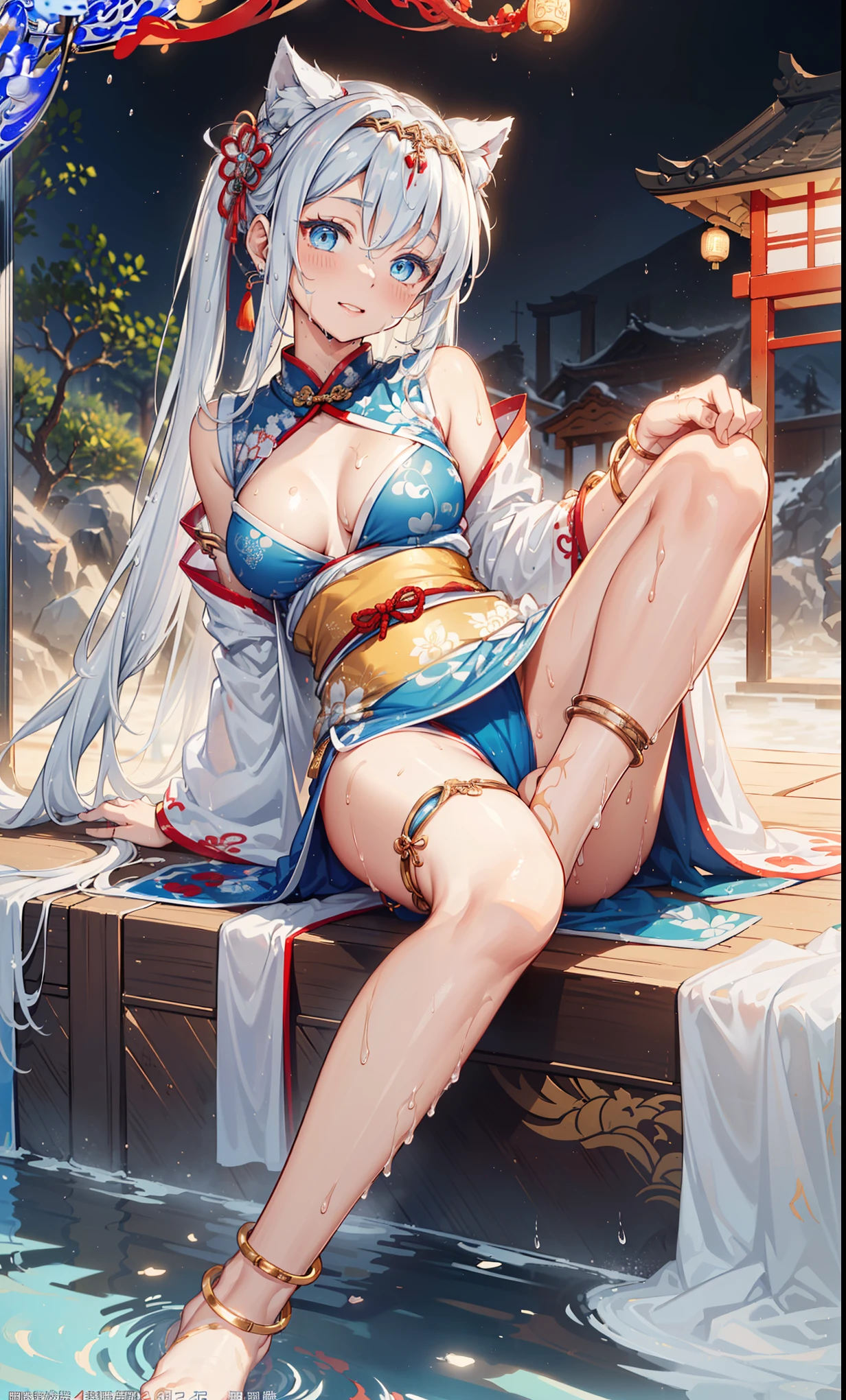 top quality，best resolution，(Drenched white long cheongsam），Super detailed, She has a white twin tail，girl，charm，Design intricate clothes，blue eyes，Vision，Elegant and charming，((Wet people，The background is an ancient Chinese hot spring，leg rings，anklet))，night，little lighting，charm的姿势