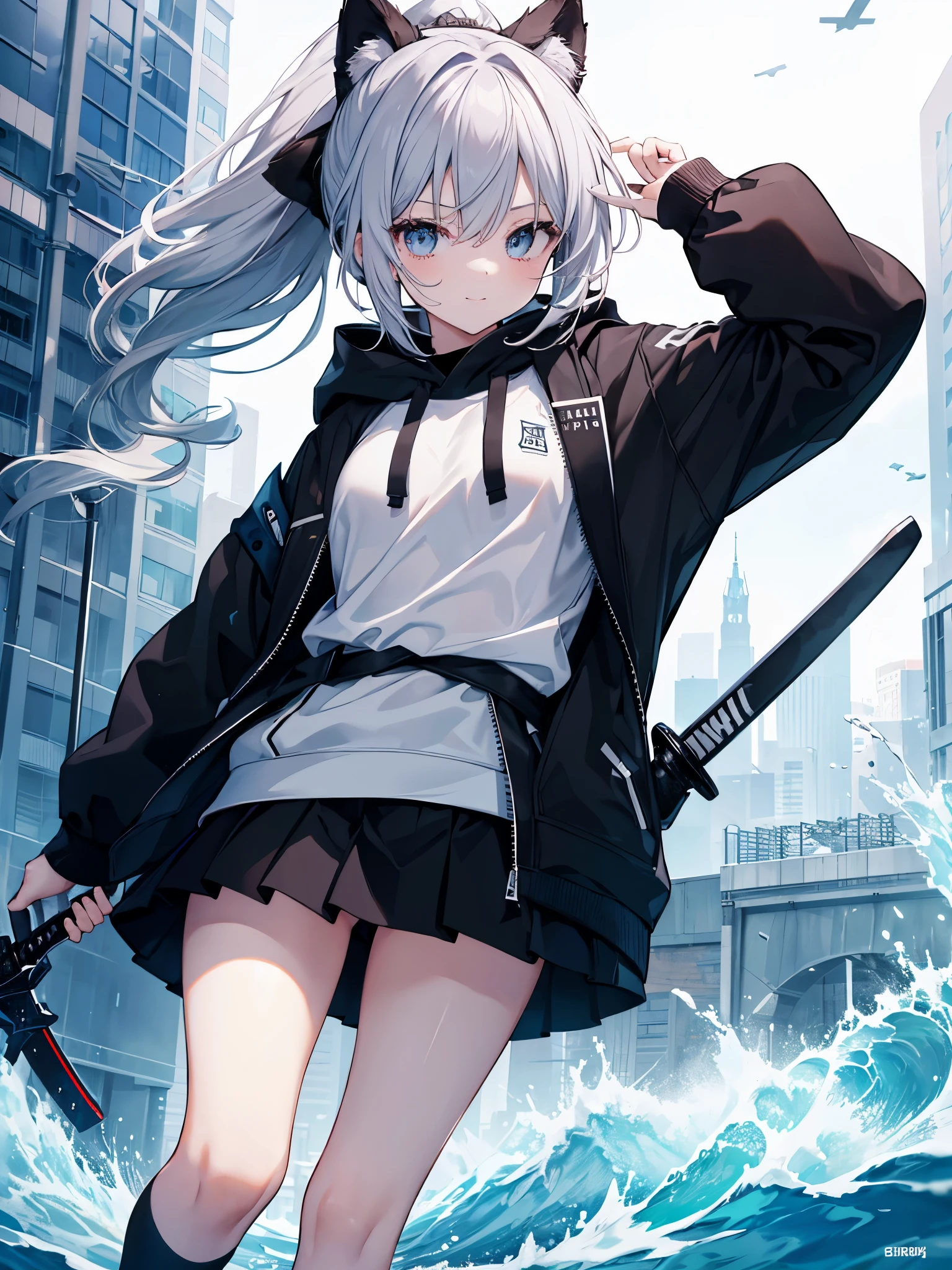 1people girl,gray hair,have,Two dimensions,cute,white hoodie,Are standing,ponytail,black skirt,smile,piece,wink,No background,feet_Equipment,In combat,right hand_I have a long sword,cool,walking,sword on waist,walking forward,evening,black sneakers,Socks 1:1 black,feetに装備,high resolution,4K,black jacket,ski mask,wear a hood,left hand_拳銃have,light blue_eye,splash of water,lowering the sword,My hair is slick,from the front,short socks,right handだけ黒手袋,sword holder