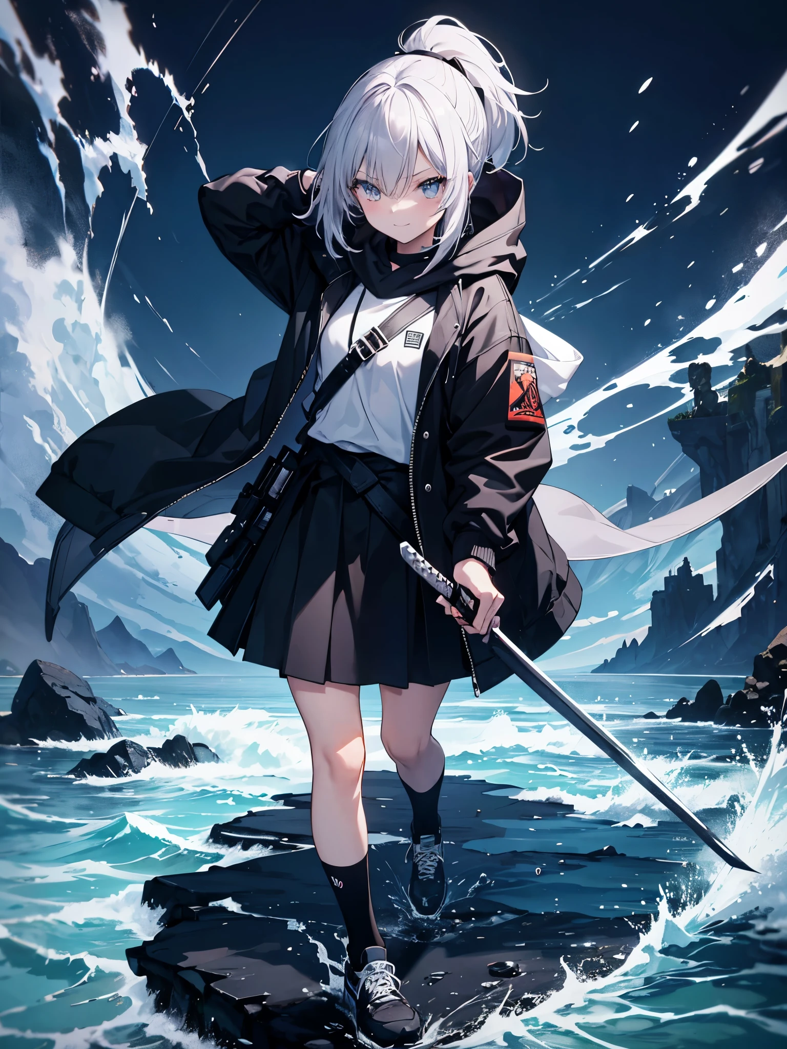 1people girl,gray hair,have,Two dimensions,cute,white hoodie,Are standing,ponytail,black skirt,smile,piece,wink,No background,feet_Equipment,In combat,right hand_I have a long sword,cool,walking,sword on waist,walking forward,evening,black sneakers,Socks 1:1 black,feetに装備,high resolution,4K,black jacket,ski mask,wear a hood,left hand_拳銃have,light blue_eye,splash of water,lowering the sword,My hair is slick,from the front,short socks,right handだけ黒手袋,sword holder