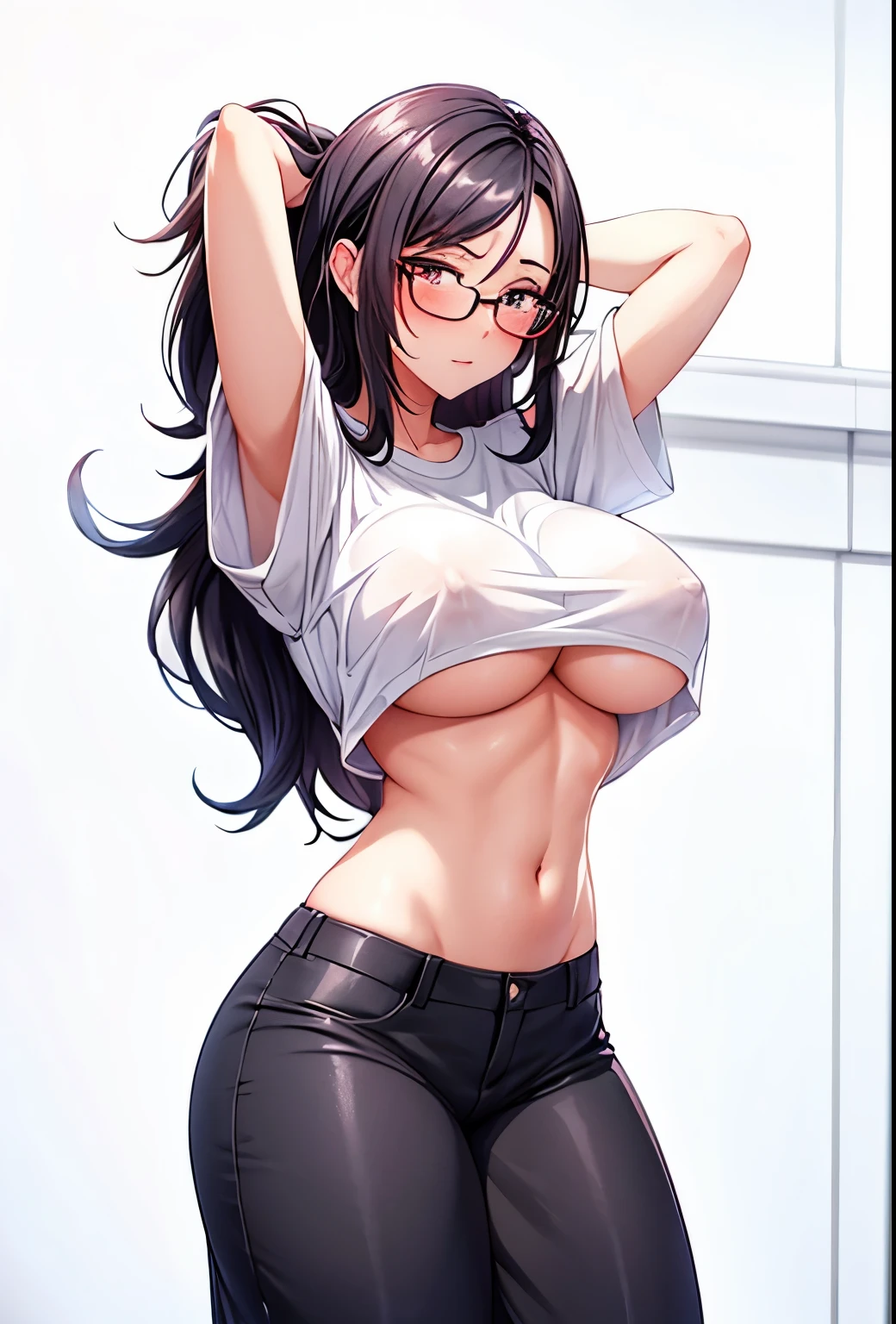 1 milf, long black hair, big breasts, wearing white t-shirts, underboob, wearing a glasses, blushing