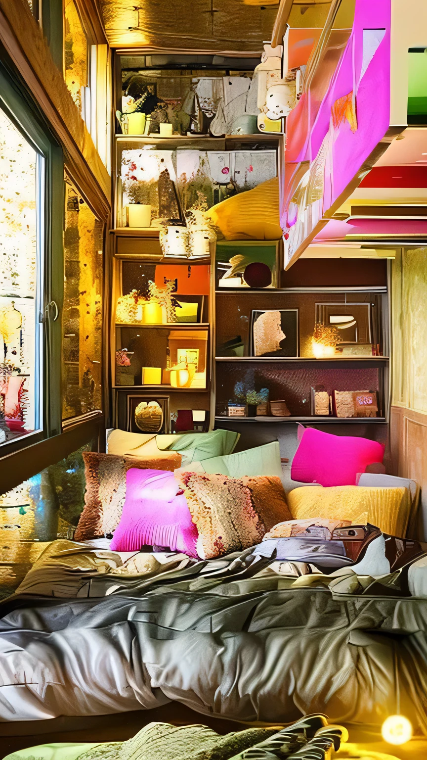 A cozy corner of the bedroom is decorated with warm lighting and brightly colored cushions. There are various artworks and display shelves on the walls, and small light bulbs are shining brightly, creating a cozy atmosphere. The beds are covered with fluffy duvets and soft pink and cream cushions provide a comfortable relaxing space.