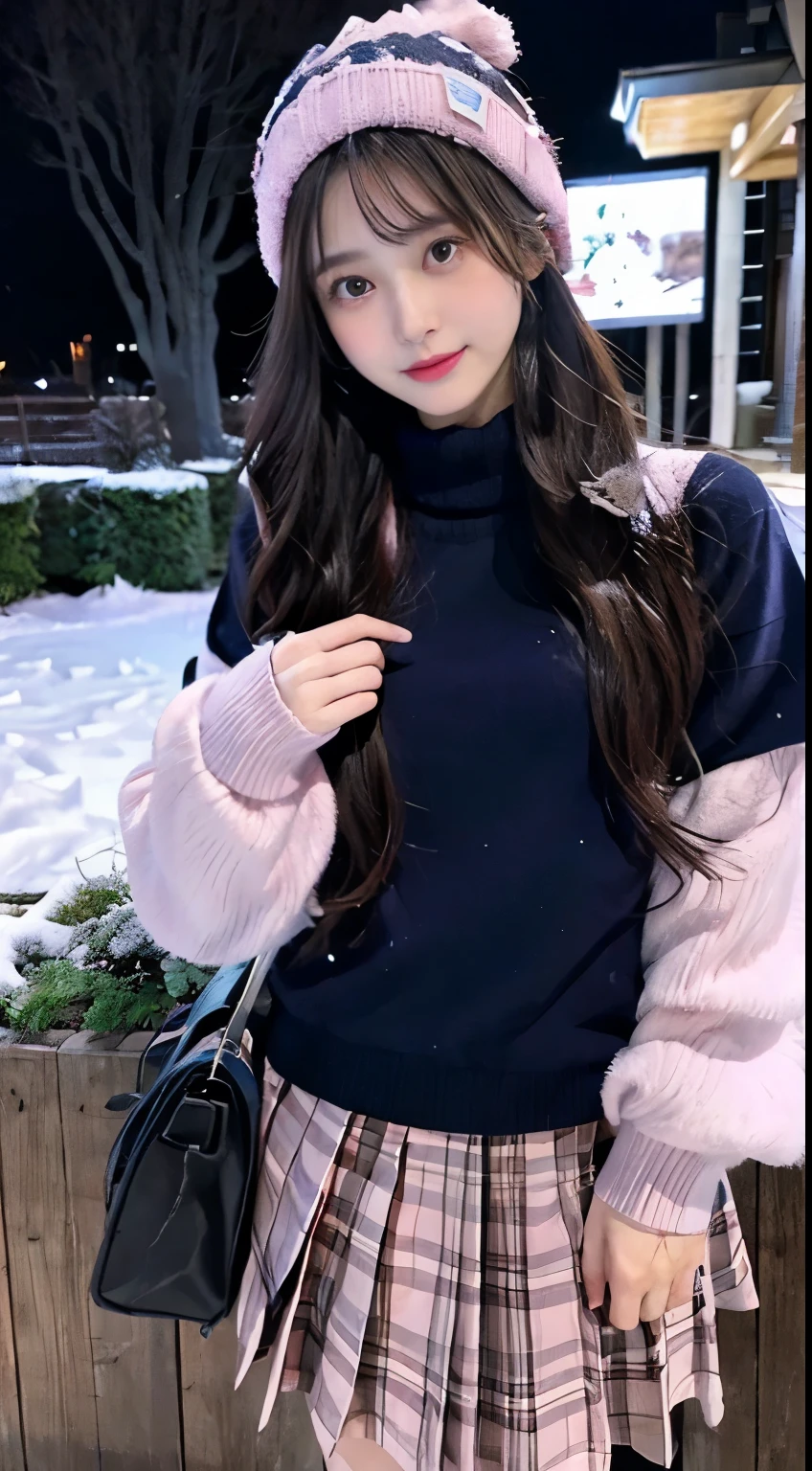 The beauty of winter spreads,outdoors,garden,Night sky ADDCOMM ADDCOL ADDCOL Blue moon ADDROW Snow ADDCOL It's snowing ADDCOL It's snowing ADDROW Pink primrose flower ADDCOL 1girl,long hair,black hair,flowing bangs:1.3,green eyes,mole under left eye:1.3,black eyes,medium breasts,pink heart hair accessories,Winter clothes,sweater,beanie hat,long sleeve,scarf,turtleneck,sleeves go over wrists,ribbed sweater
ADDCOL
ADDROW pink primula flowers
ADDCOL 1girl,pleated skirt ADDCOL
(masterpiece:1.2), (highest quality:1.2)