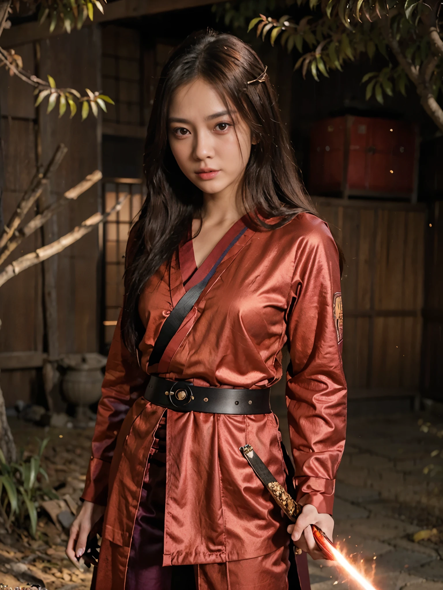 4girl,beautiful japanese girl,long hair, carrying a katana, with text "GFE" in a dragon fire background,behind her and colorful particle effects that shift towards red laser in the style of hyperrealistic photography, capturing every intricate detail, intense facial expression, Canon EOS R5, portrait mode, 50mm, fantasy-inspired