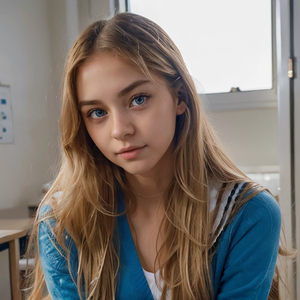 Mina is 21 year old female student, with beautilful, long blond hair and blue eyes, she wears the school's uniform in an unvoluntary sexy way. Her face is cute and innocent, with large blue eyes and thin eyebrows and small nose, she looks shy and introverted.
