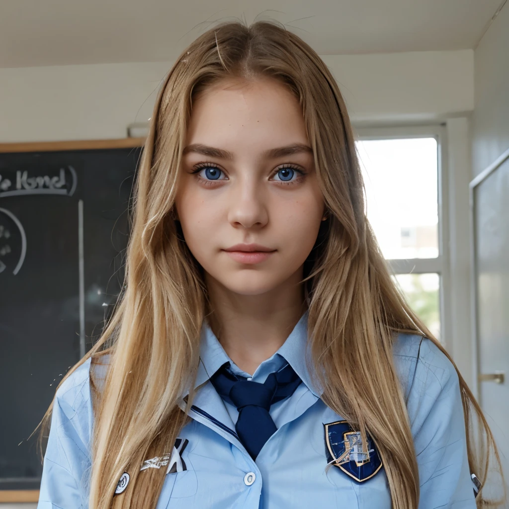 Mina is 21 year old female student, with beautilful, long blond hair and blue eyes, she wears the school's uniform in an unvoluntary sexy way. Her face is cute and innocent, with large blue eyes and thin eyebrows and small nose, she looks shy and introverted.
