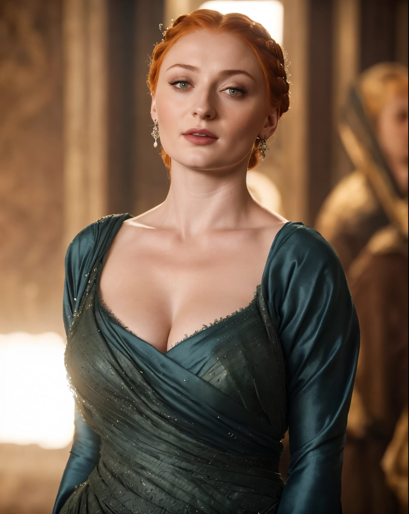 Face of Sophie Turner, Sansa Stark played by Sophie Turner, the de facto Lady of the Eyrie, is a 40-year-old mature queen with a stunning, alluring appearance. Full Face, pierced eyes, reddish lips, upper body shot, erotic Mediaeval costumes, game of thrones costumes, She wears a Game of Thrones-inspired costume and has a deep cleavage, a perfect thick body, and a perfect thick figure. The photograph captures her in a close-up, with her skin texture and facial features being ultra-realistic and realistic.