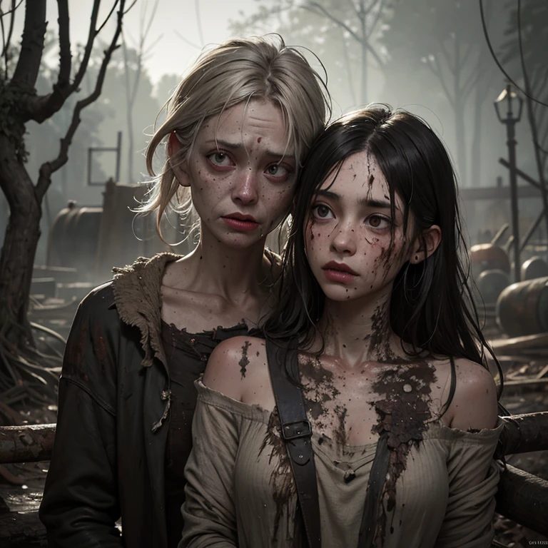 zombie, Tattered ruined clothes, rotten skin on the face, Dirty muddy hair, Highly detailed dry rot exfoliation, Malnourished women, Blind, Wide Angle, detailed environment, Detailed background, Highly detailed, Convoluted, Detailed skin, Natural colors, professionally color graded, Photorealism, 8K, Moody lighting, art by:george four