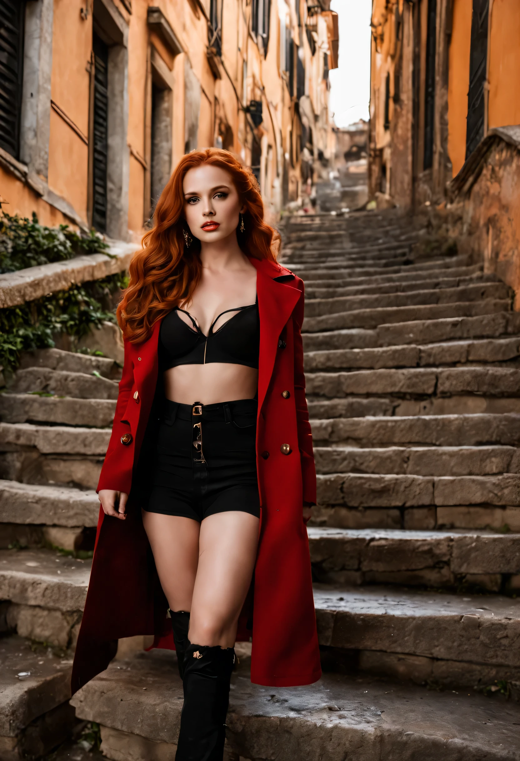photography of Madelaine Petsch, long ginger hair, standing in Rome, there is city around, winter, seductive pose, the dominant colors are red, white, and black, with the accent color being a deep brown, the woman is wearing red coat with fur, black ripped jeans, very sexy, positioned in front of Spanish stairs, her pose exudes sensuality and relaxation, , fit legs, beautiful ass, enjoying, girls, hot girls, (((very heavy bust))), red hair, long_hair, symmetrical face, photorealistic, photography, gorgeous, cleavage, western, (masterpice), best quality, high resolution, spectacular lighting, extremely detailed, skin with pores, detailed background, depth of field, C-cup breats, model body, cinematic lighting, smiling