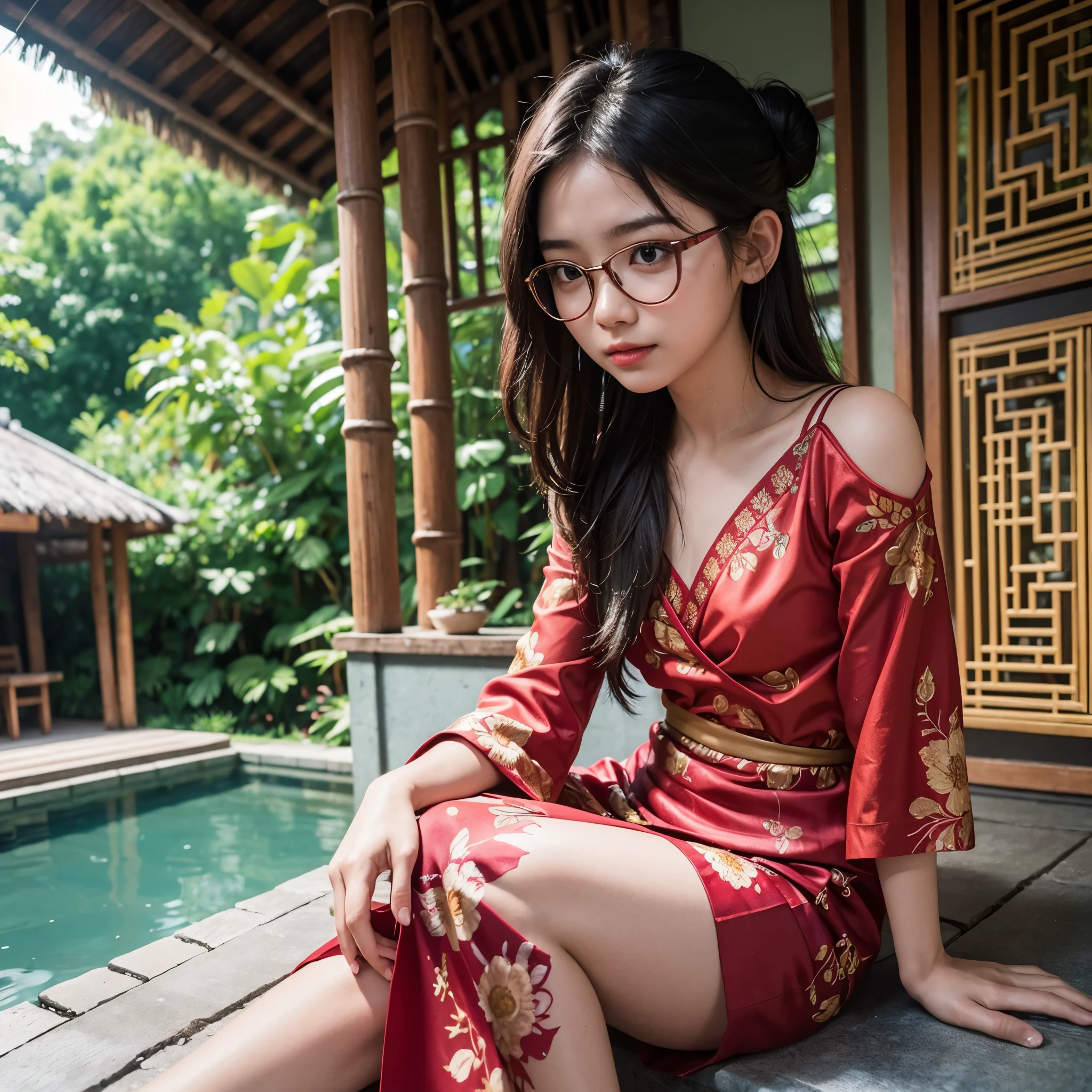 A cute Indonesian girl, 18 years old, detailed face, moist shiny, hair in a shoulder-length bun, wearing a red kebaya and short batik sarong, enjoying remix music in front of the DJ turntable, wearing a headset, glasses, barefoot sitting at the front door of her house, the house is made of bamboo booths, in front of the kitchen flows a small clear river, a natural clear rocky river. realistic photo. Photo taken with Fujifilm XF 56mm f/1.2 R Lens camera. HDR10 8K