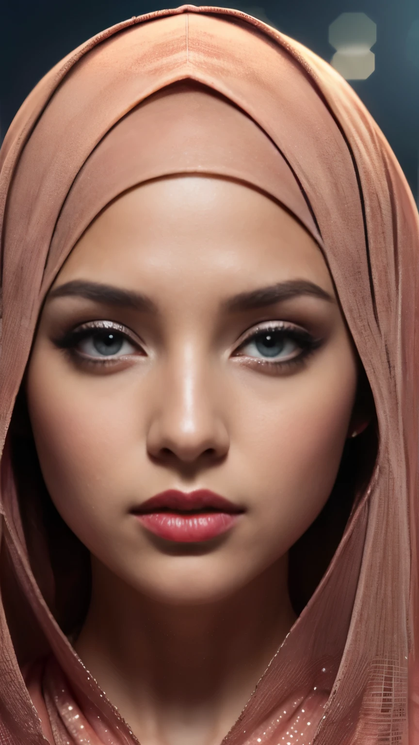 Subject: "Hidden Complexities Beneath the Veil" Style: Photorealism, 8k, DOF Description: Visualize a stunning woman in a hijab, but beneath the surface, reveal intricate trypophobia patterns that are only noticeable upon closer inspection. Achieve a balance between beauty and unsettling complexity. makeup, open mouth, blush, red lips, light blush, forehead, full-face blush, worried, Surrealism, drop shadow, anaglyph, stereogram, tachi-e, pov, atmospheric perspective, 8k, super detail, ccurate, best quality, UHD, super detail, wallpaper