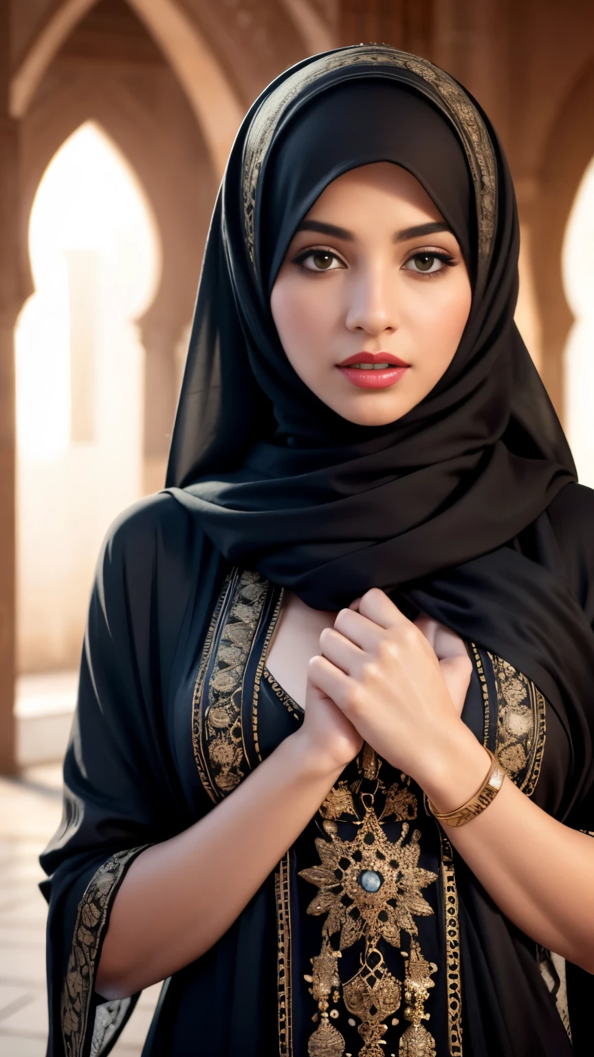 Portrait of an elegant Arabic woman with a scarf gracefully covering her mouth and nose fully , VISIBLE ONLY HER captivating eyes + blurry mosque behind, makeup, open mouth, blush, red lips, light blush, forehead, full-face blush, worried, Surrealism, drop shadow, anaglyph, stereogram, tachi-e, pov, atmospheric perspective, 8k, super detail, ccurate, best quality, UHD, super detail, wallpaper