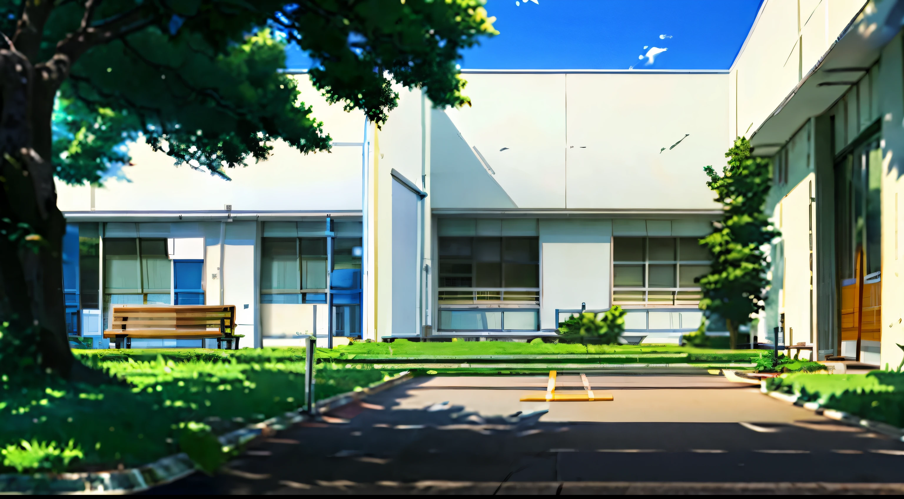 a bench under the tree inside a school, white wall of the school, mid day, camera from in front of the bench, makoto shinkai style