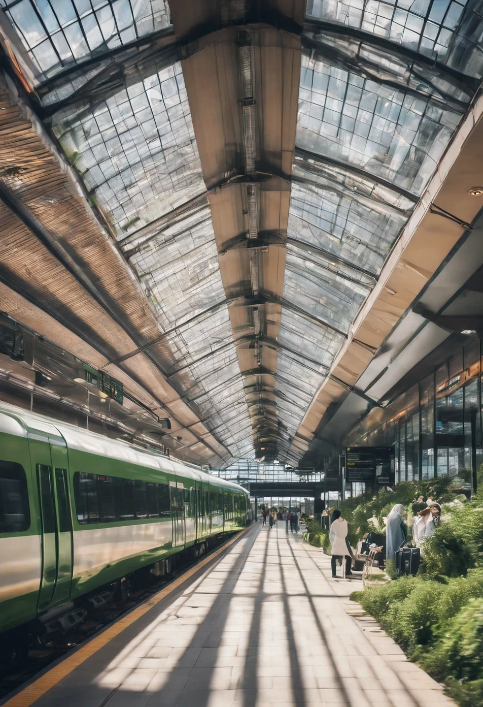 realistic photo, train station in centre of frame, modern railroad station, very modern and functional railroad station building, present times, modern trains in the station, beautiful glassed-in station building, lots of bright light and greenery, modern information boards, heavy passenger traffic ,  imersive environment and lighting, 8k, large depth of field, film grain, 