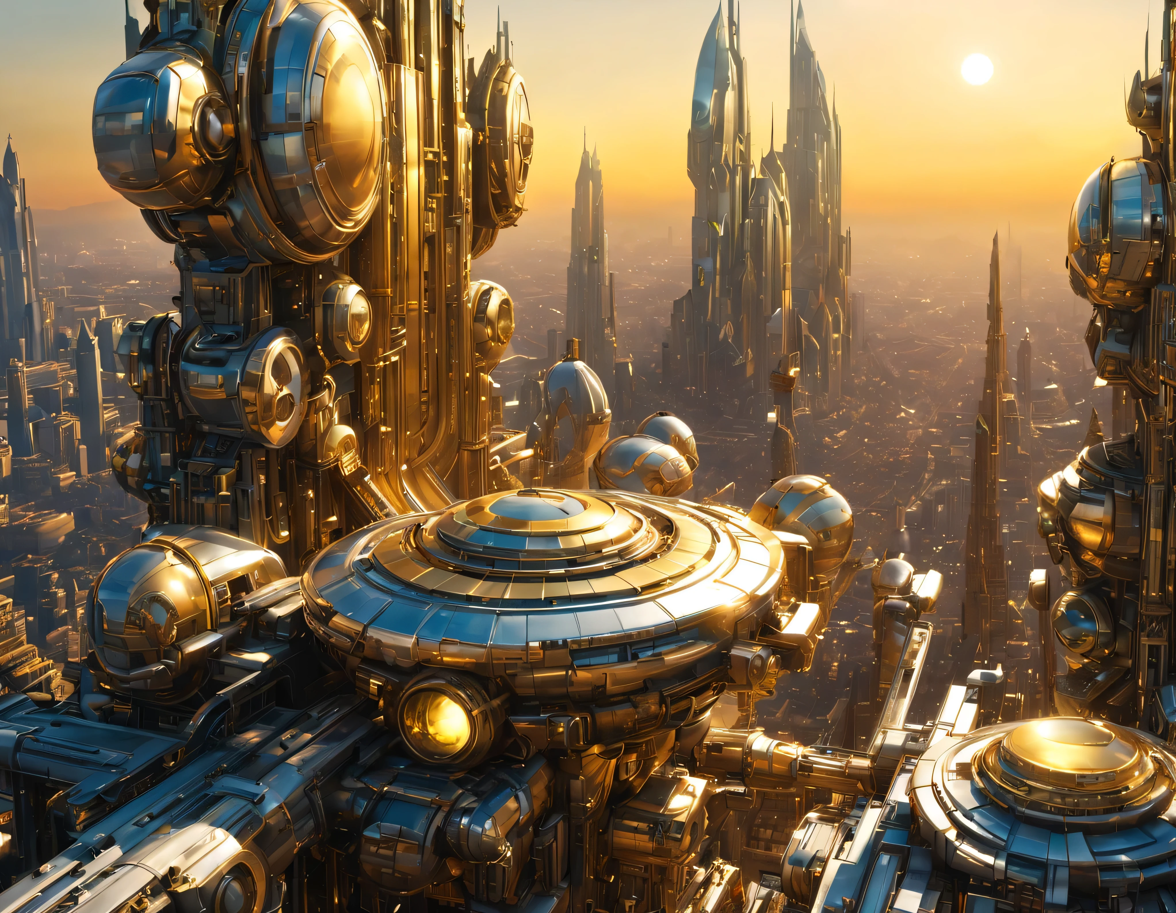 (golden hour lighting), megacity, megalopolis of an imaginary world of science fiction , parecido a una disneylandia futurista, and maximum fantasy, con inmensos edificios y rascacielos ovalados y dodecaedricos agrupados de metal y cristal donde predomina la plata, el marmol calacatta gold y los anuncios luminosos de colores. imagen bien definida 8k, (intrincados detalles de la maquina), con muchos edificios juntos.(obra maestra de superior calidad).(imagen fotorrealista), nitidez absoluta hasta el fondo