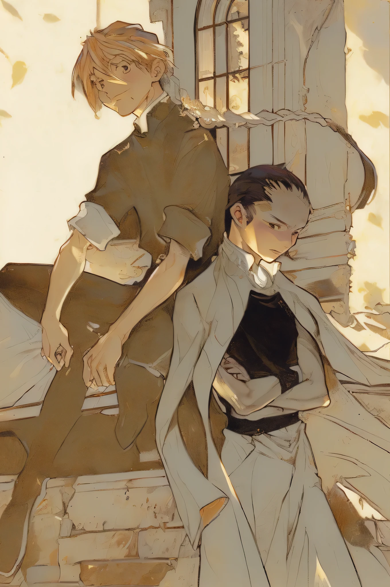 anime image of two people in black and white clothes standing on a ledge, anime masterpiece, ( ( ( yoshinari yoh ) ) ), anime visual, shinkai makoto, shuushuu anime image, pin on anime, a-1 pictures, haibane renmei, taisho roman, key anime visual, y3, y 3, illustrative!!,((masterpiece)),((quality)),((Best quality)),((official art)),alphonse mucha ,asian Painting, hwasanchiun, j.c leyendecker, james jean, Audrey Kawasaki
