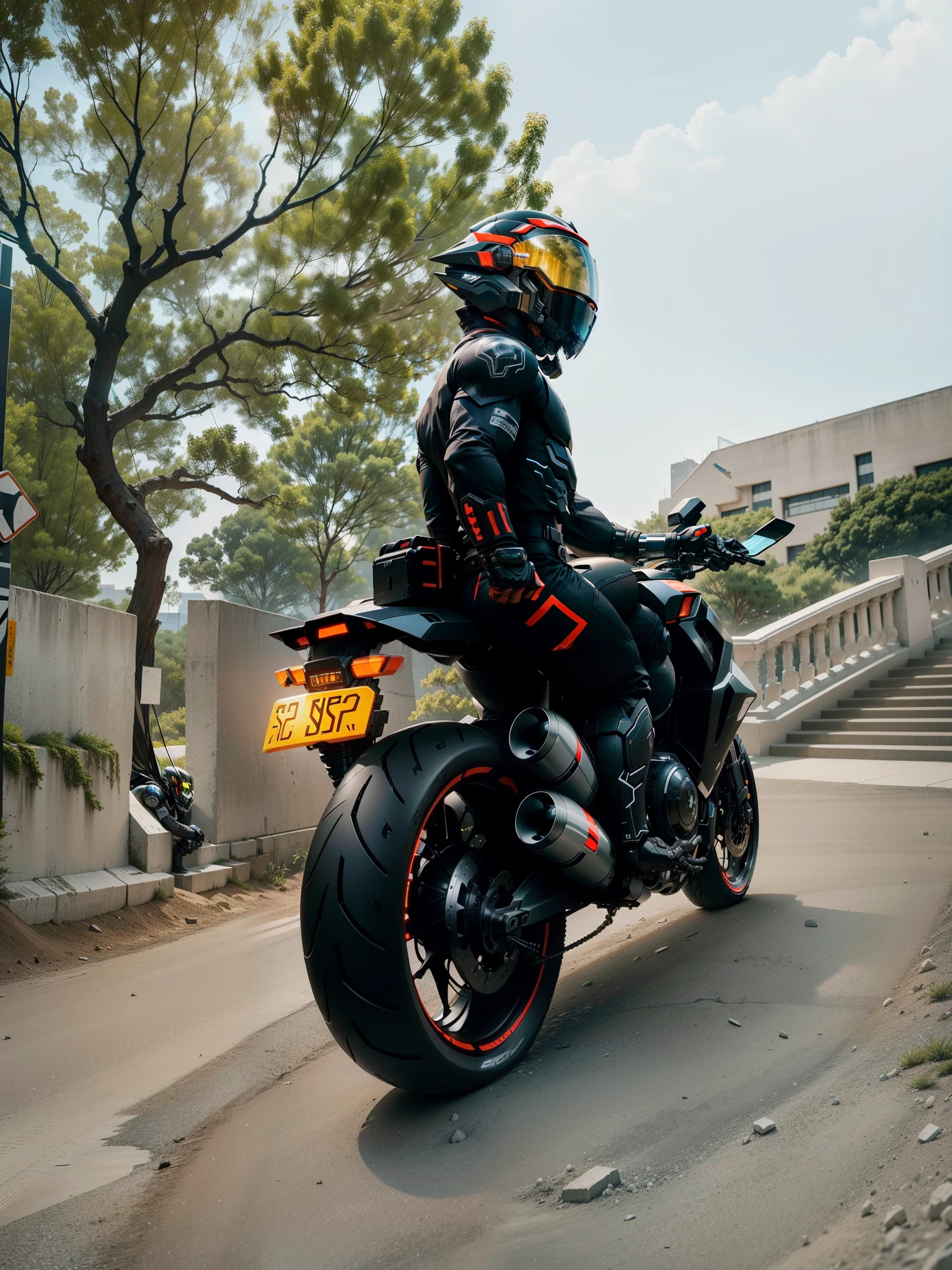 Muscular black mecha cyber male warrior，Information mechanical motorcycle，High-tech black full-face helmet，Noor， Biomechanics SHN People，High-tech helmet，surreal， steel， complex design， Very detailed very detailed， The lines are extremely clear， Light， On-site photos， A meticulous masterpiece