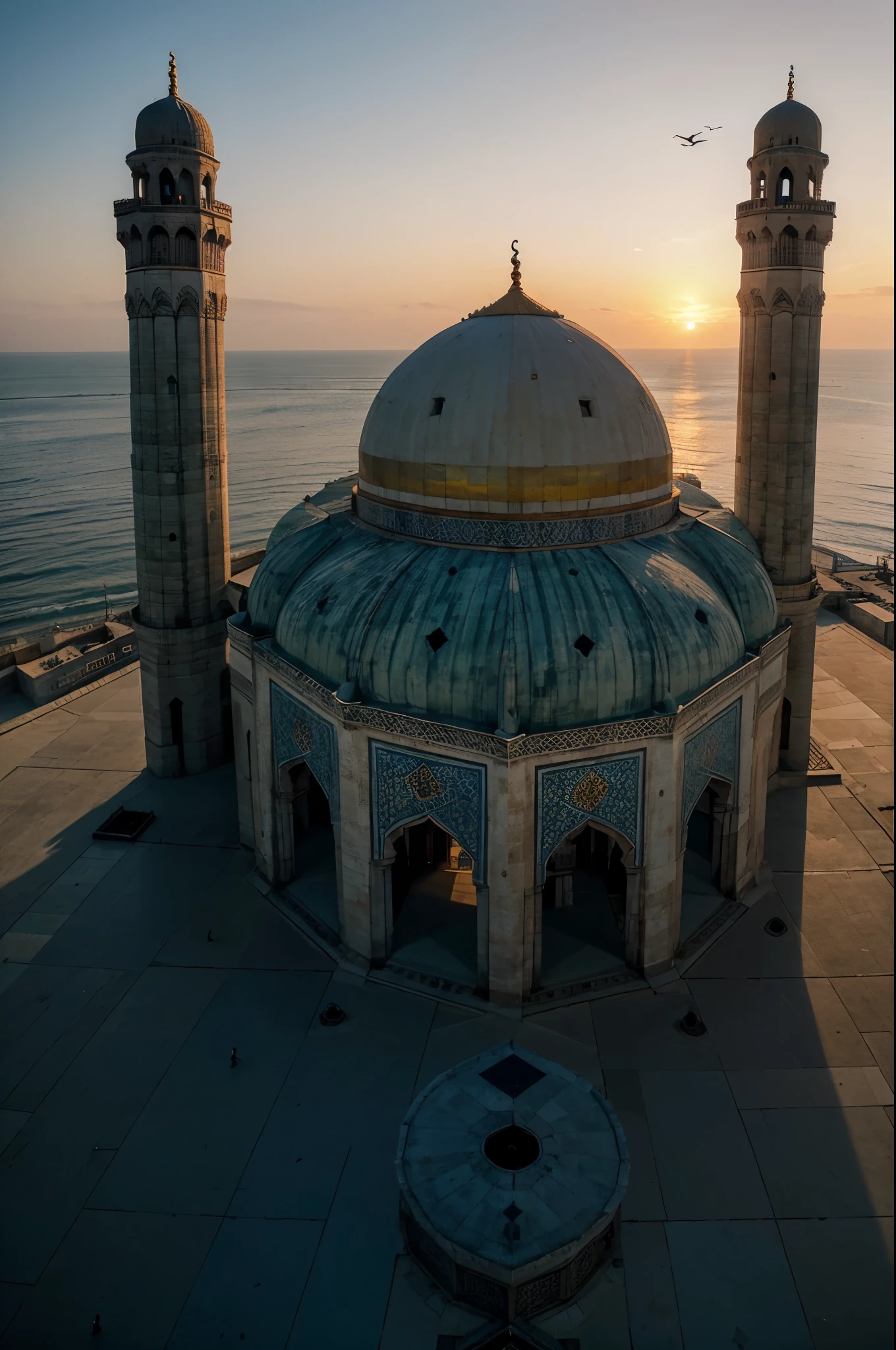A magnificent mosque having 6 minarets and located near an endless sea, sunset, flying birds above the mosque’s dome