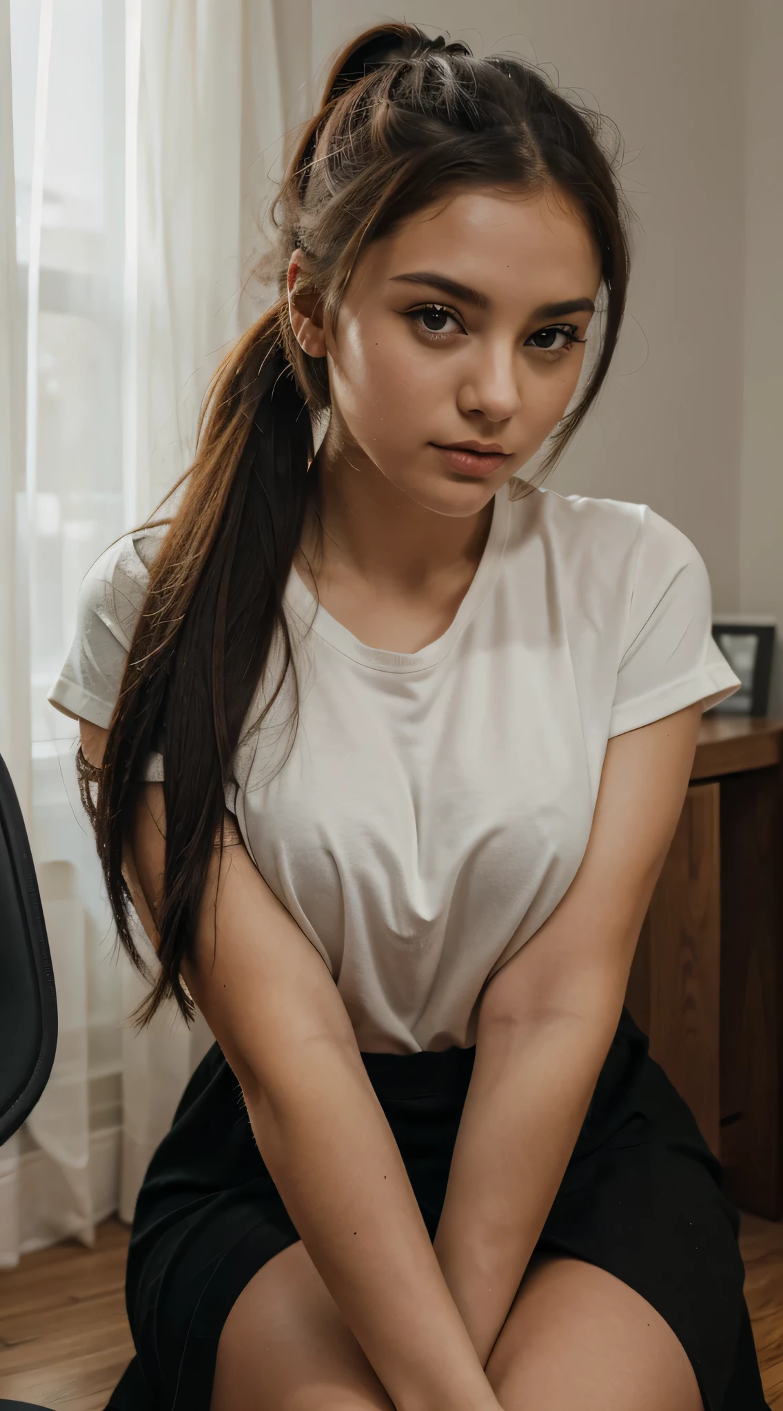 portrait photography. high quality. detailed photo. beautiful girl looking at the camera. I sit and look at the camera. hair pulled back into a ponytail. девушка sits straight and looks at the camera. in a black dress. стройная девушка in a black dress, sits straight and looks at the camera. plump lips. closed mouth. mouth closed!
