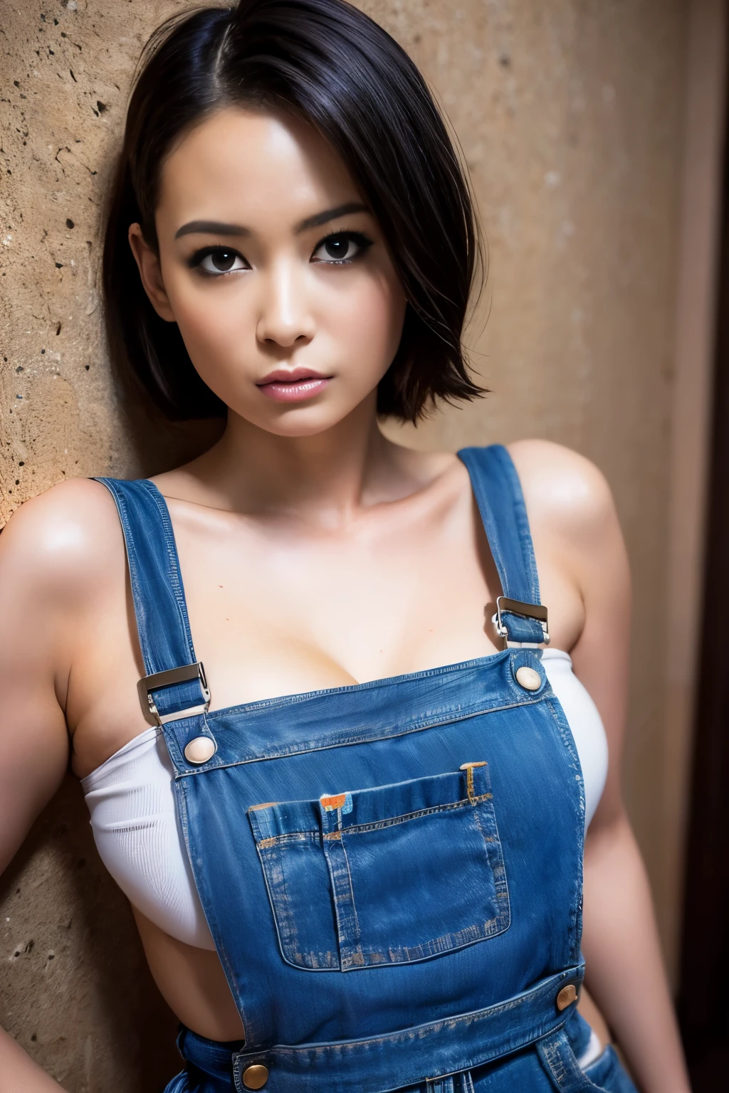 (masterpiece), (best quality), 8K resolution, 1 girl, Asian, breathtaking beauty, perfect face, perfect body, 20-year-old, Sexy, cinematic light, short haired, big and full breasts 、Wearing overalls、stone wash、