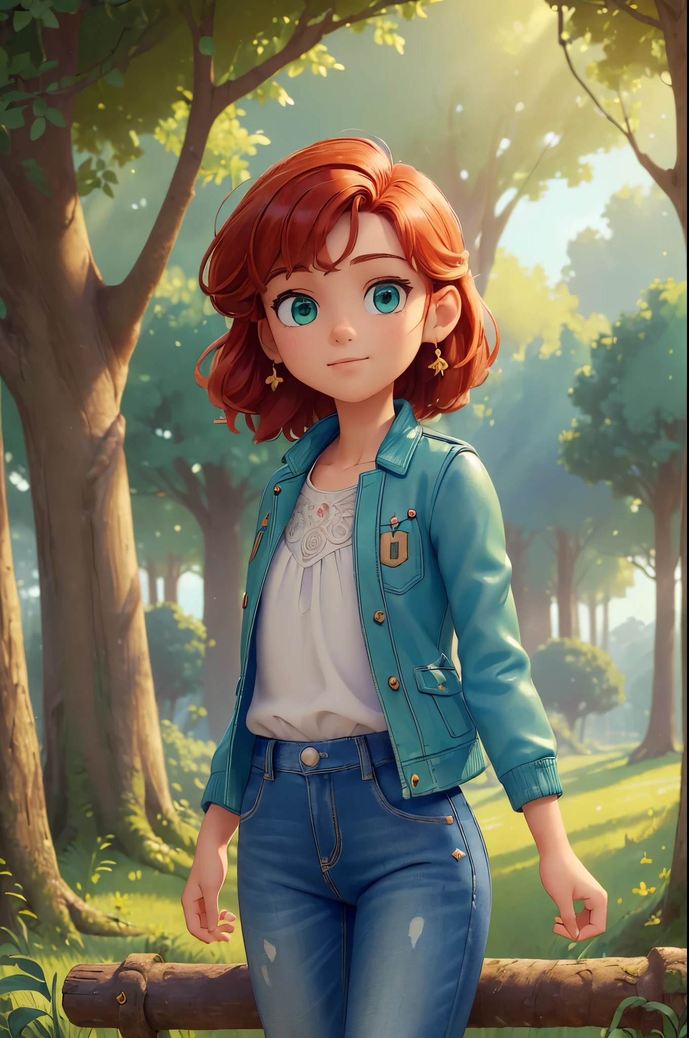 (A :1.3),(Masterpiece, Best quality:1.4), (Beautiful, Aesthetic, Perfect, Delicate, Intricate:1.2),((Best quality)), ((Masterpiece)), (Detailed),(A high resolution:1.2), Oak tree forest, a little ???, red hair, green eyes, smilig Martí, light blue leather jacket, dar blue denim trousers, Bend over, angle of view,